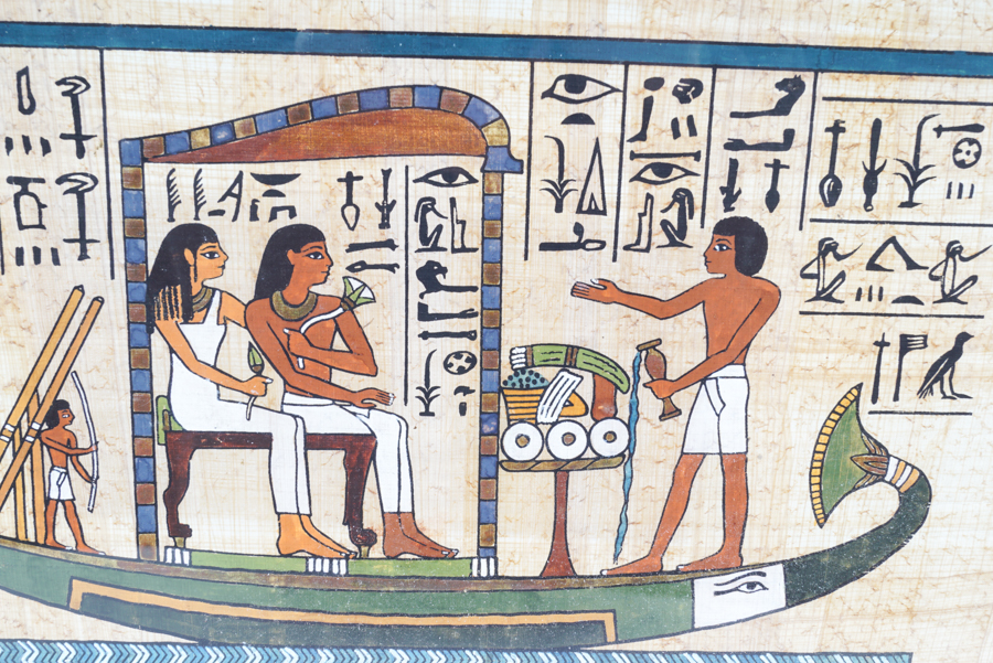 Gouache Painting on Papyrus of Ancient Egyptian Figures and Hieroglyphics