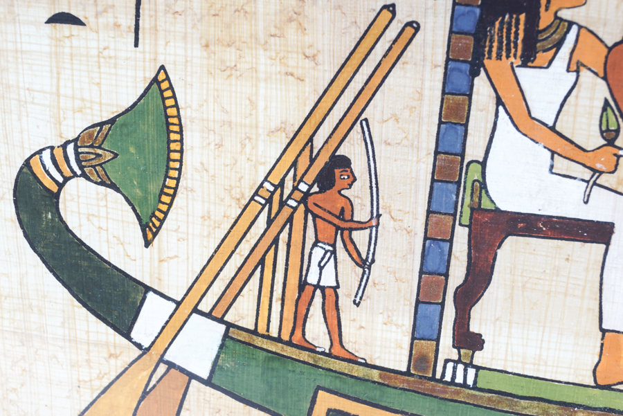 Gouache Painting on Papyrus of Ancient Egyptian Figures and Hieroglyphics