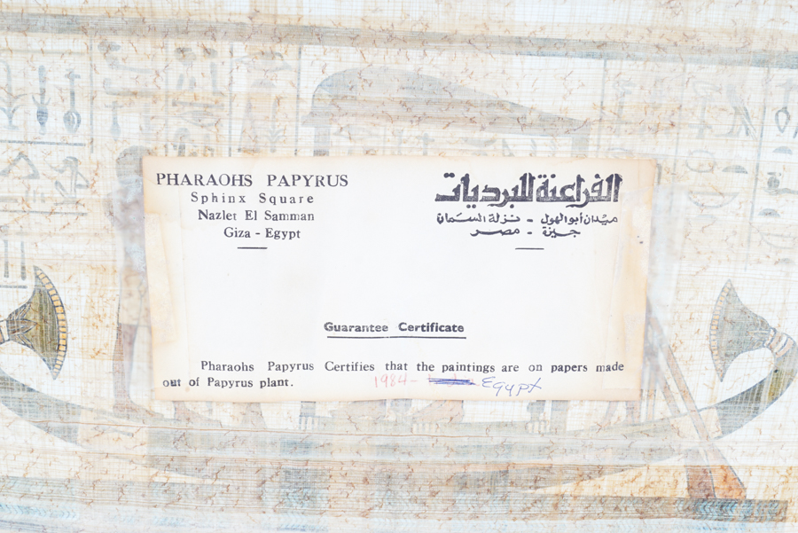 Gouache Painting on Papyrus of Ancient Egyptian Figures and Hieroglyphics