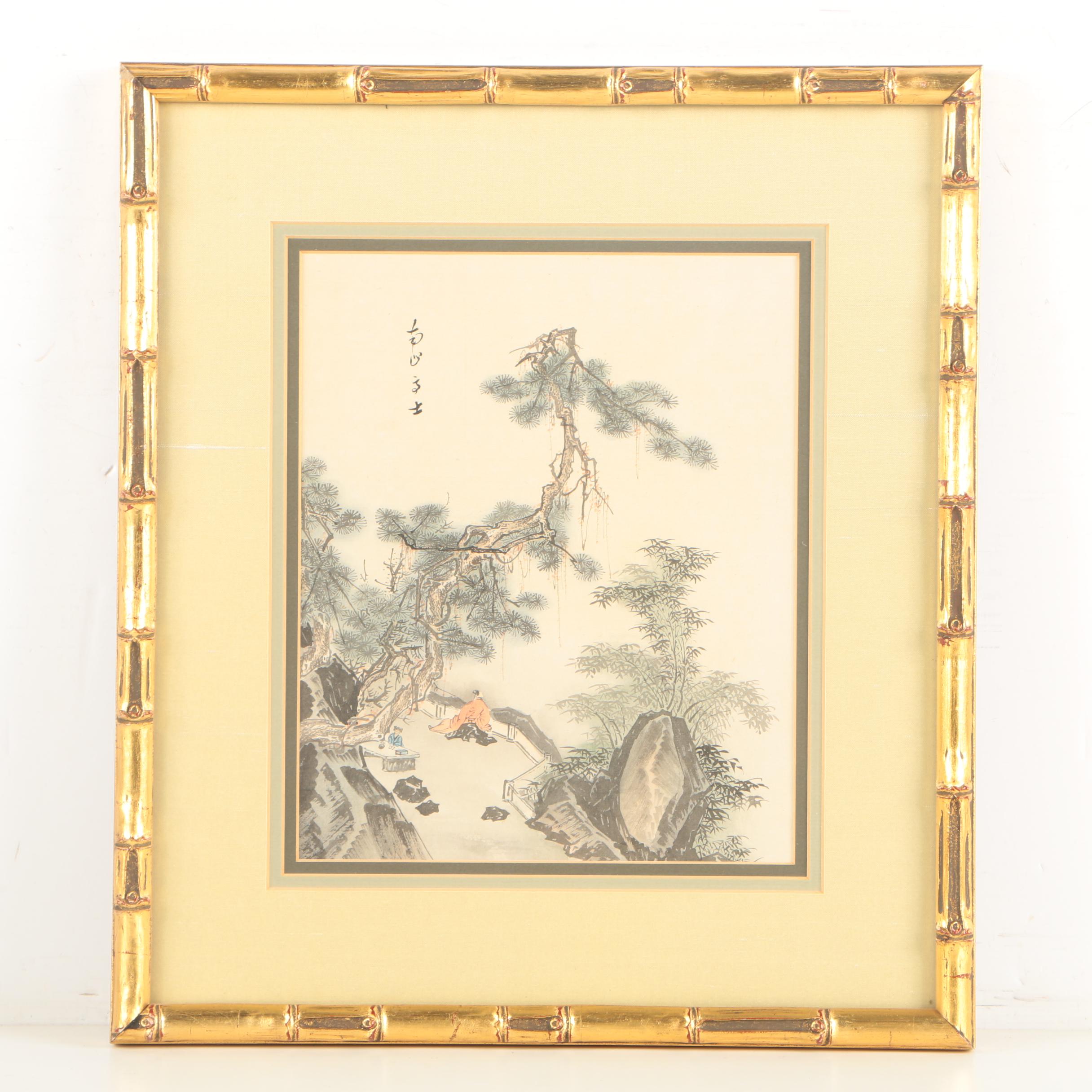 East Asian Ink and Watercolor Painting on Silk of Figures in Mountain Landscape