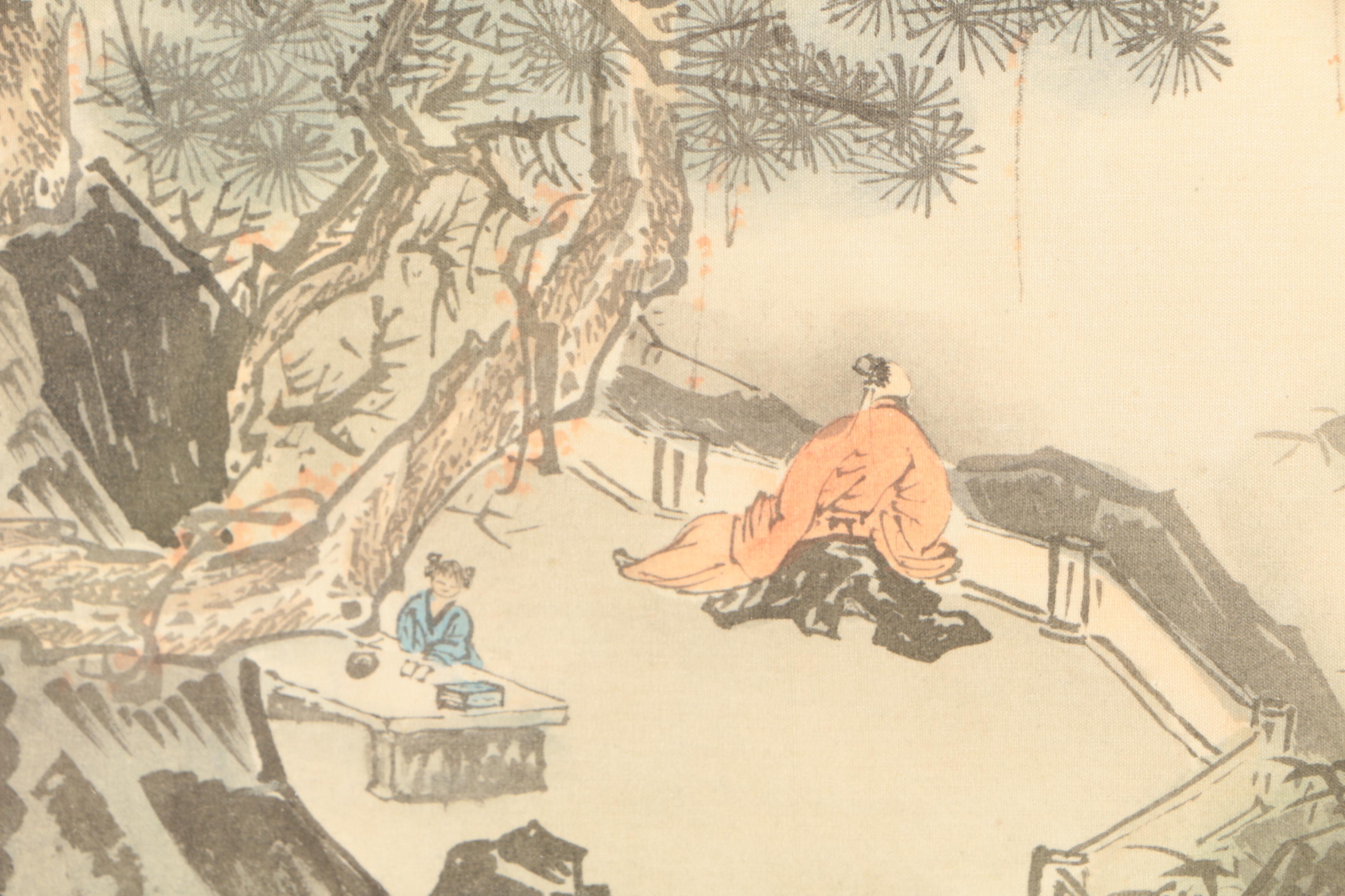 East Asian Ink and Watercolor Painting on Silk of Figures in Mountain Landscape