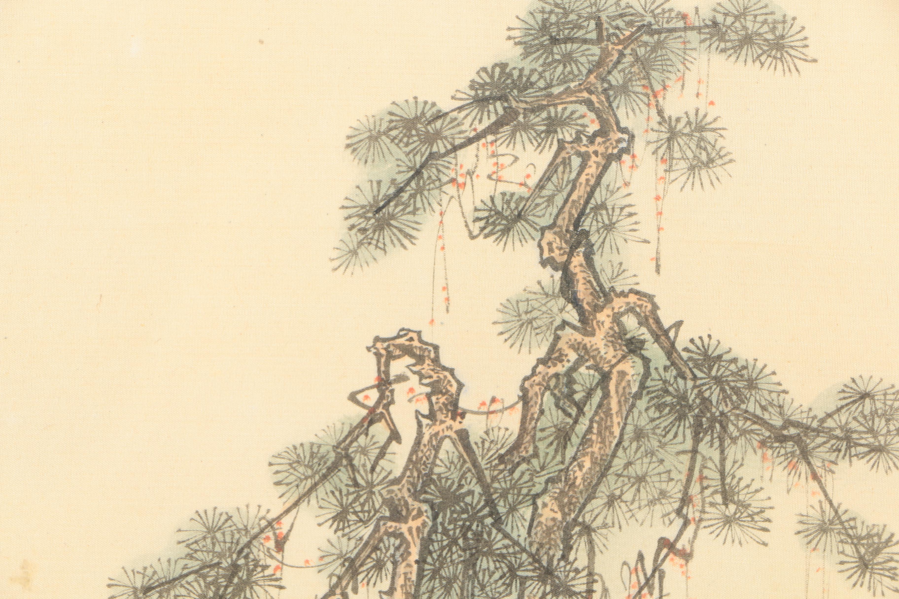 East Asian Watercolor Painting on Silk of Man Sitting in Mountains