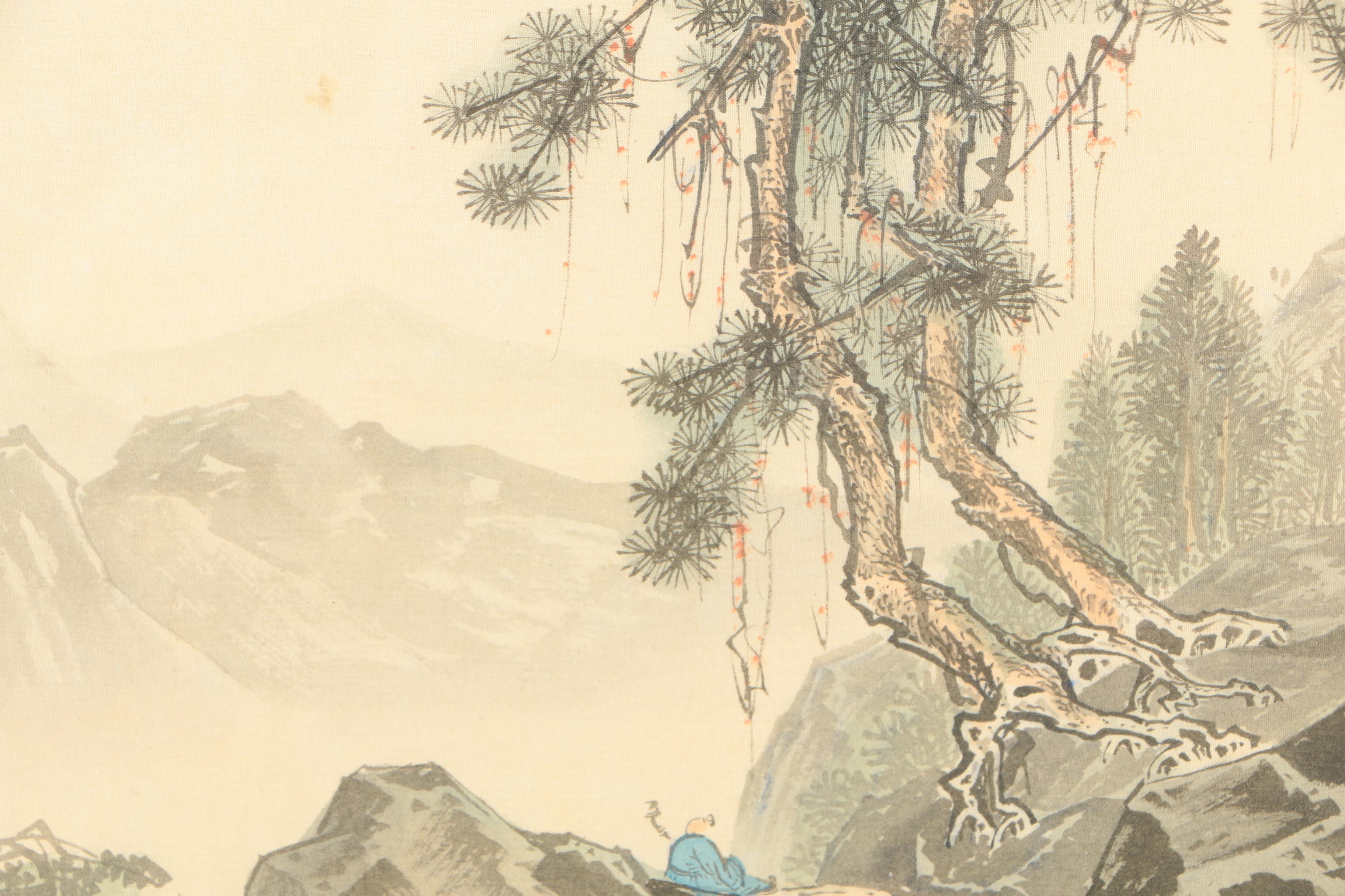 East Asian Watercolor Painting on Silk of Man Sitting in Mountains