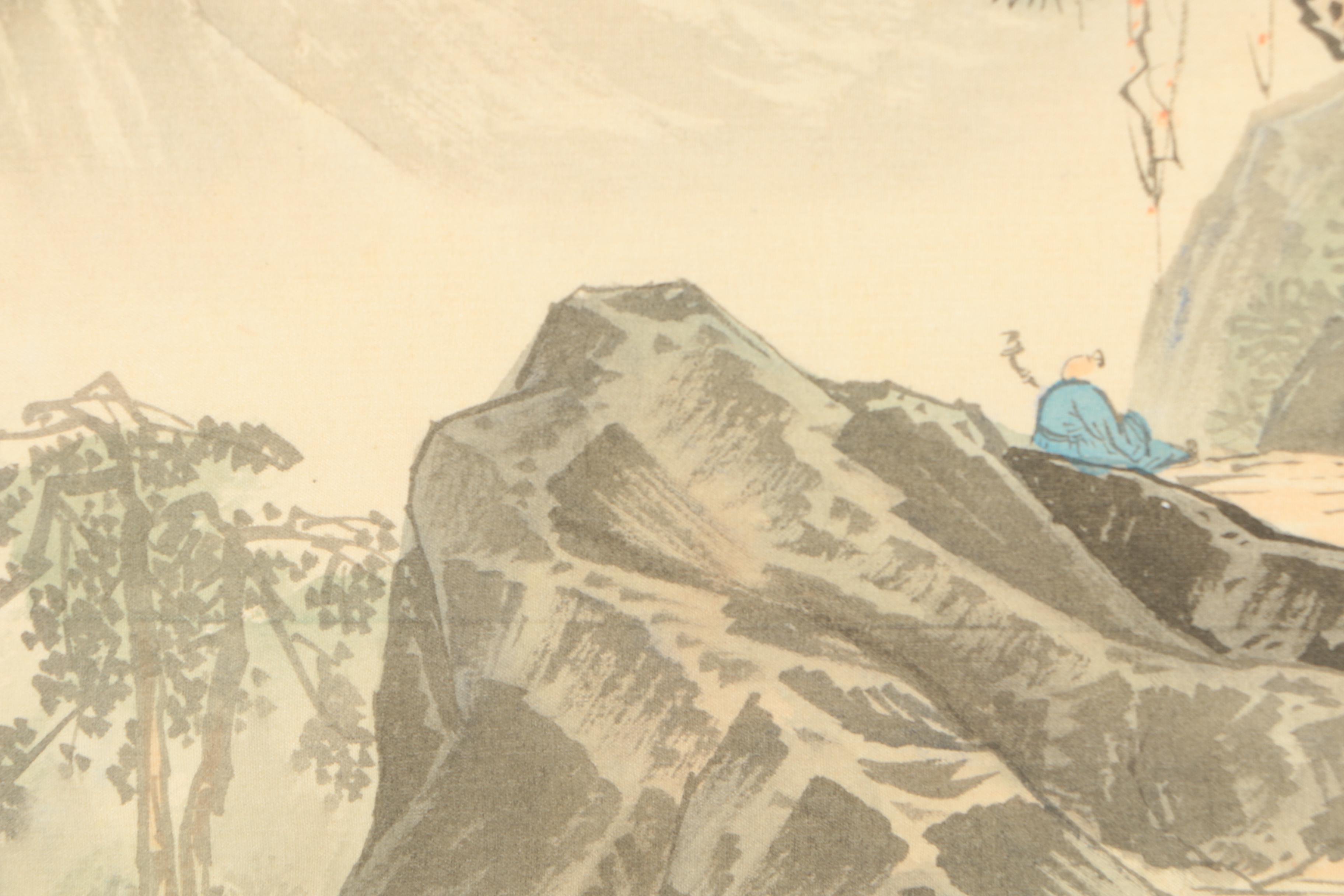 East Asian Watercolor Painting on Silk of Man Sitting in Mountains