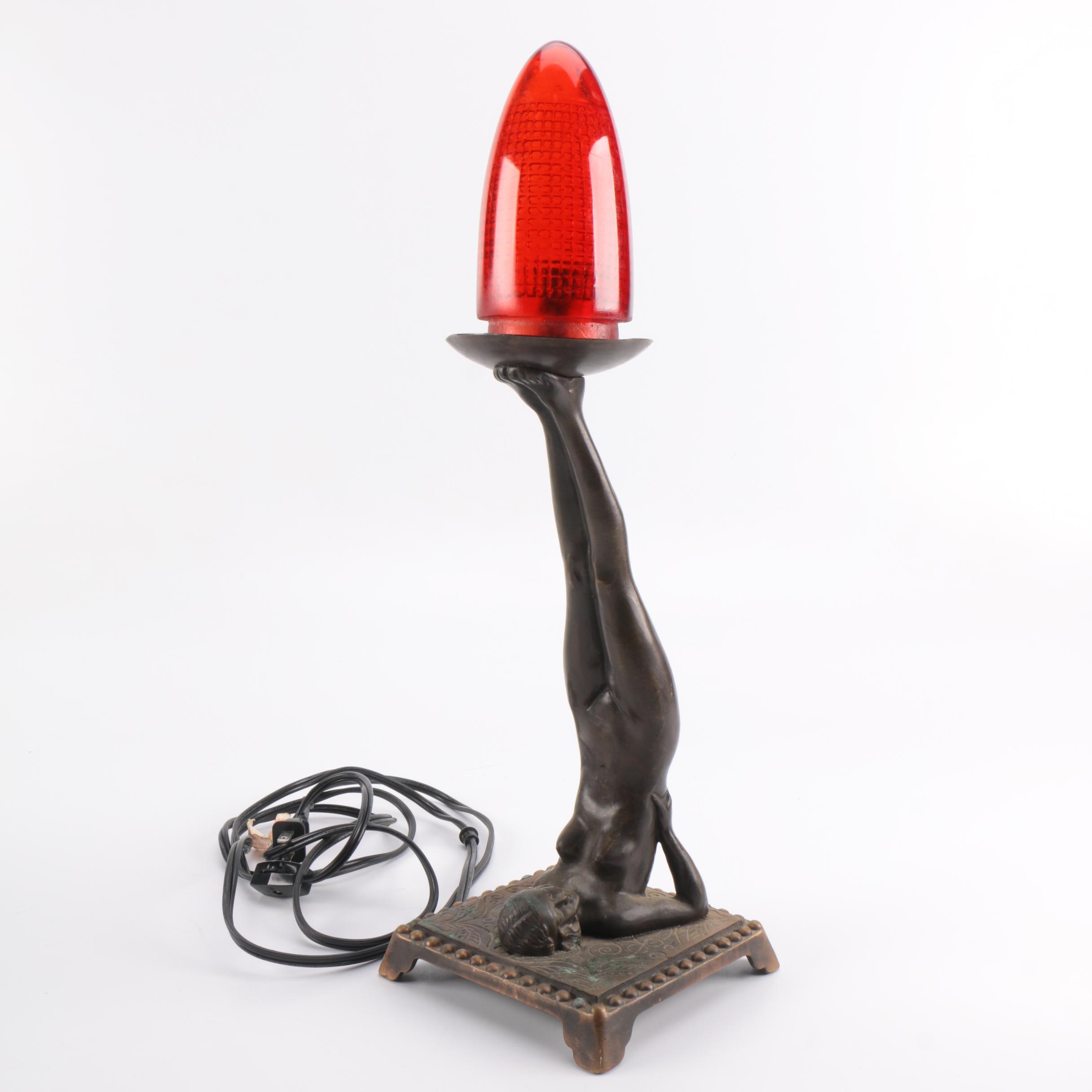 Art Nouveau Figural Woman Lamp with Red Shade
