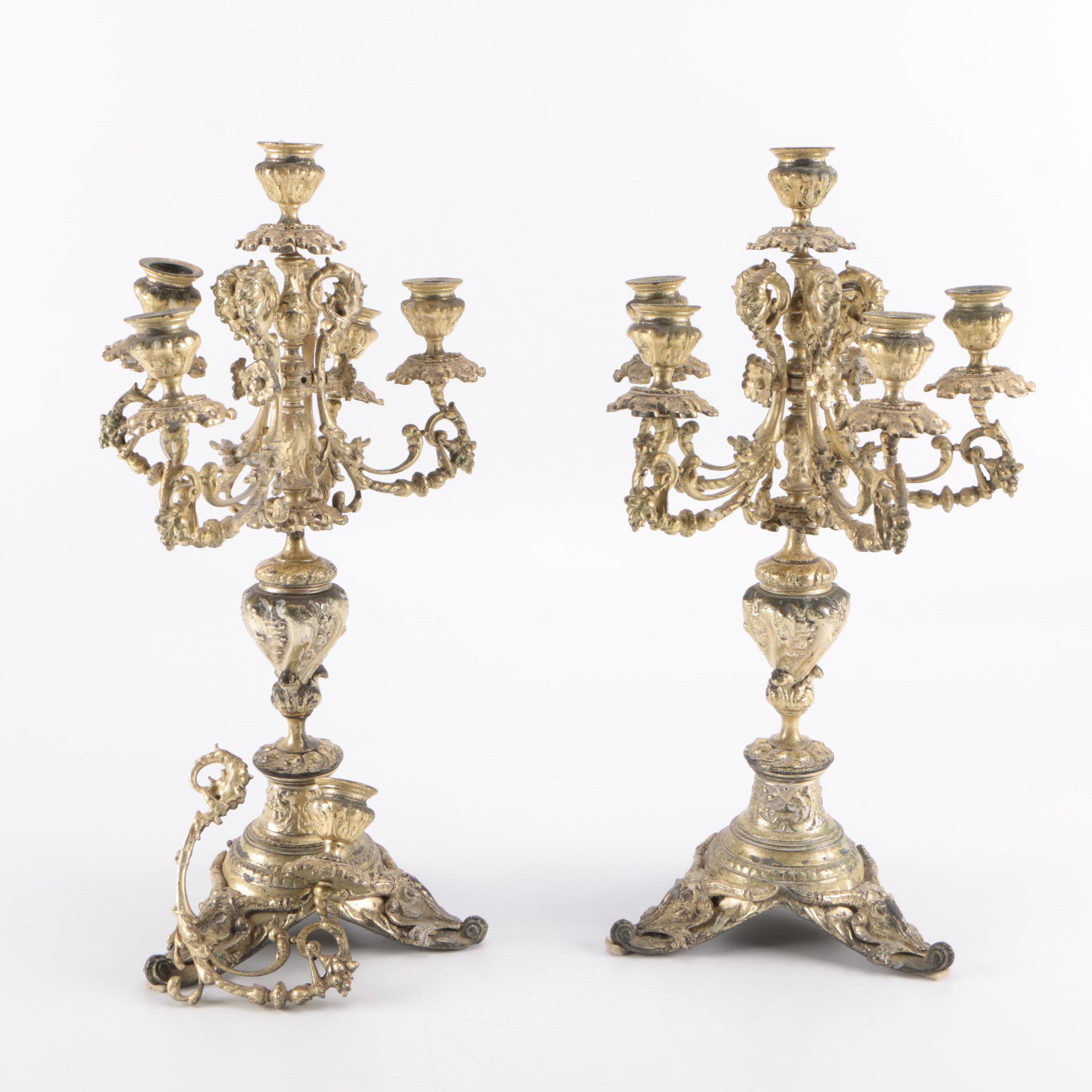 Rococo Style Brass Toned Metal Candelabra