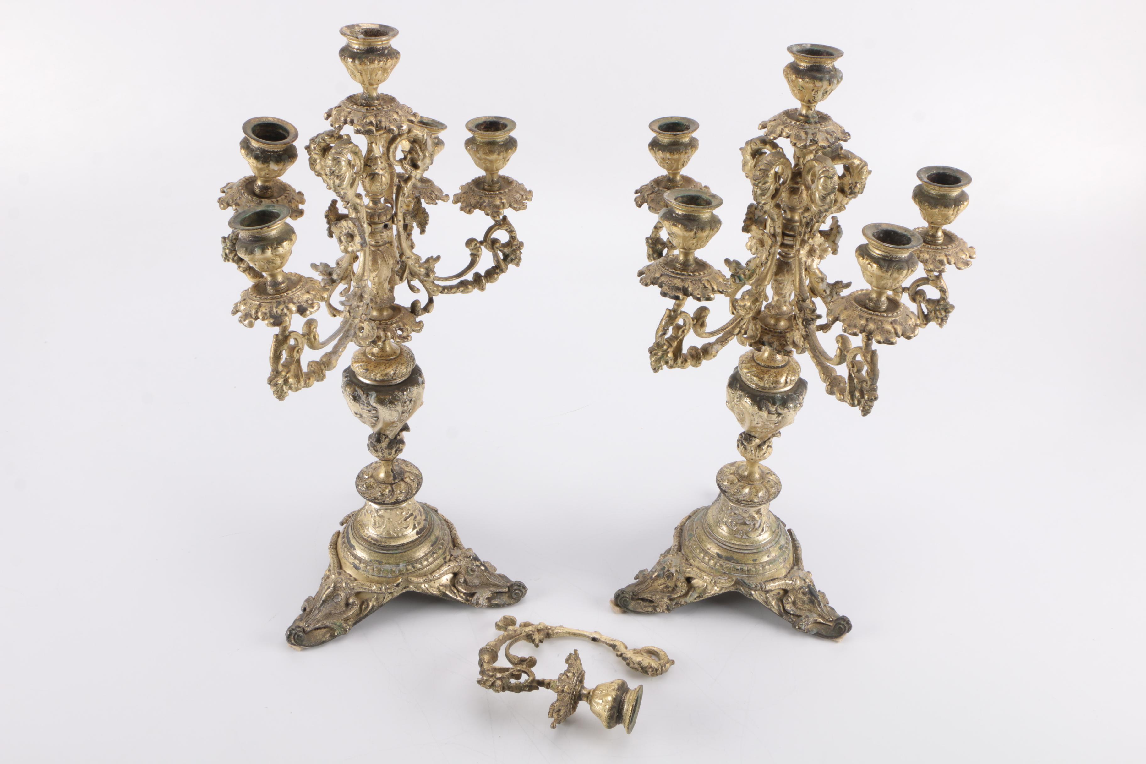 Rococo Style Brass Toned Metal Candelabra
