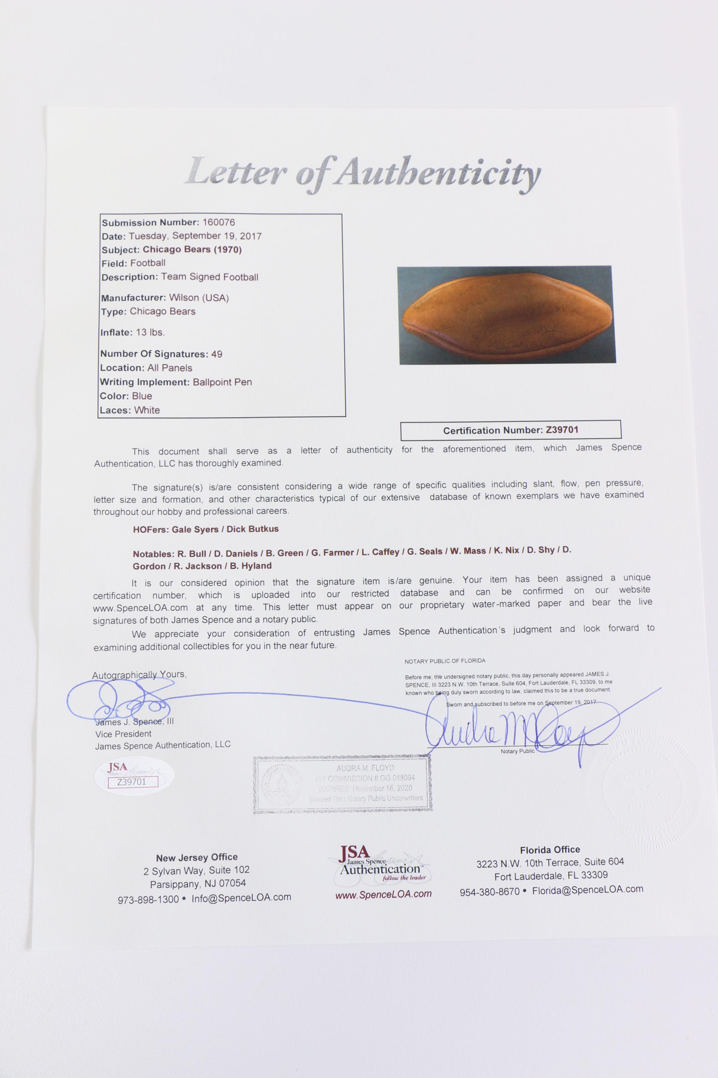 1970 Chicago Bears Signed Football