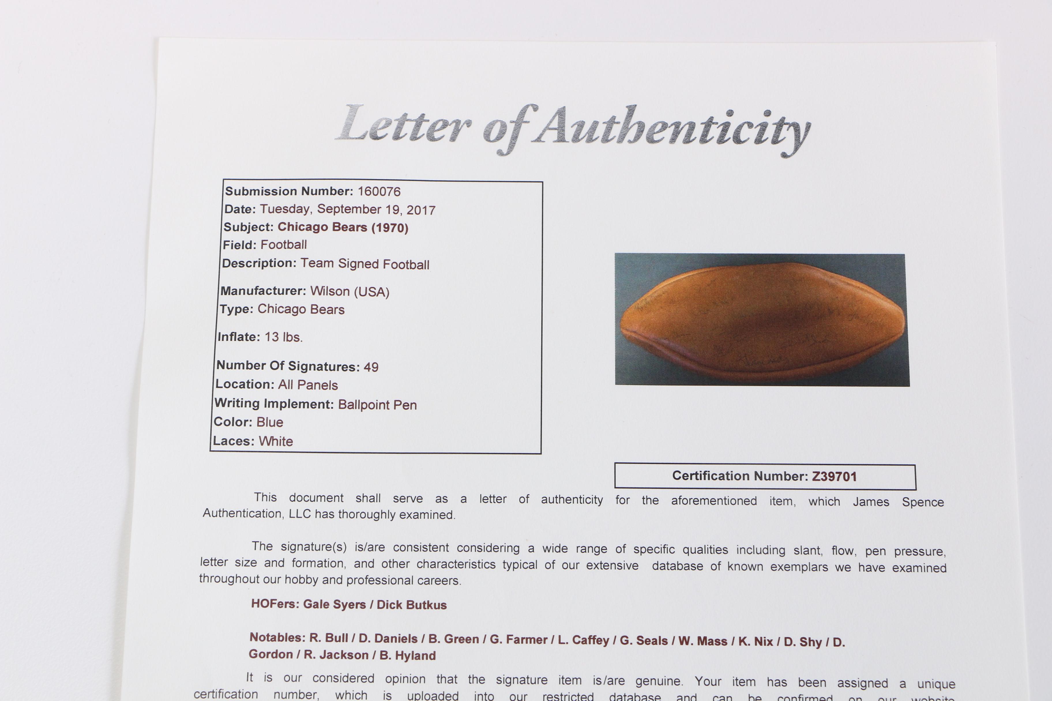 1970 Chicago Bears Signed Football