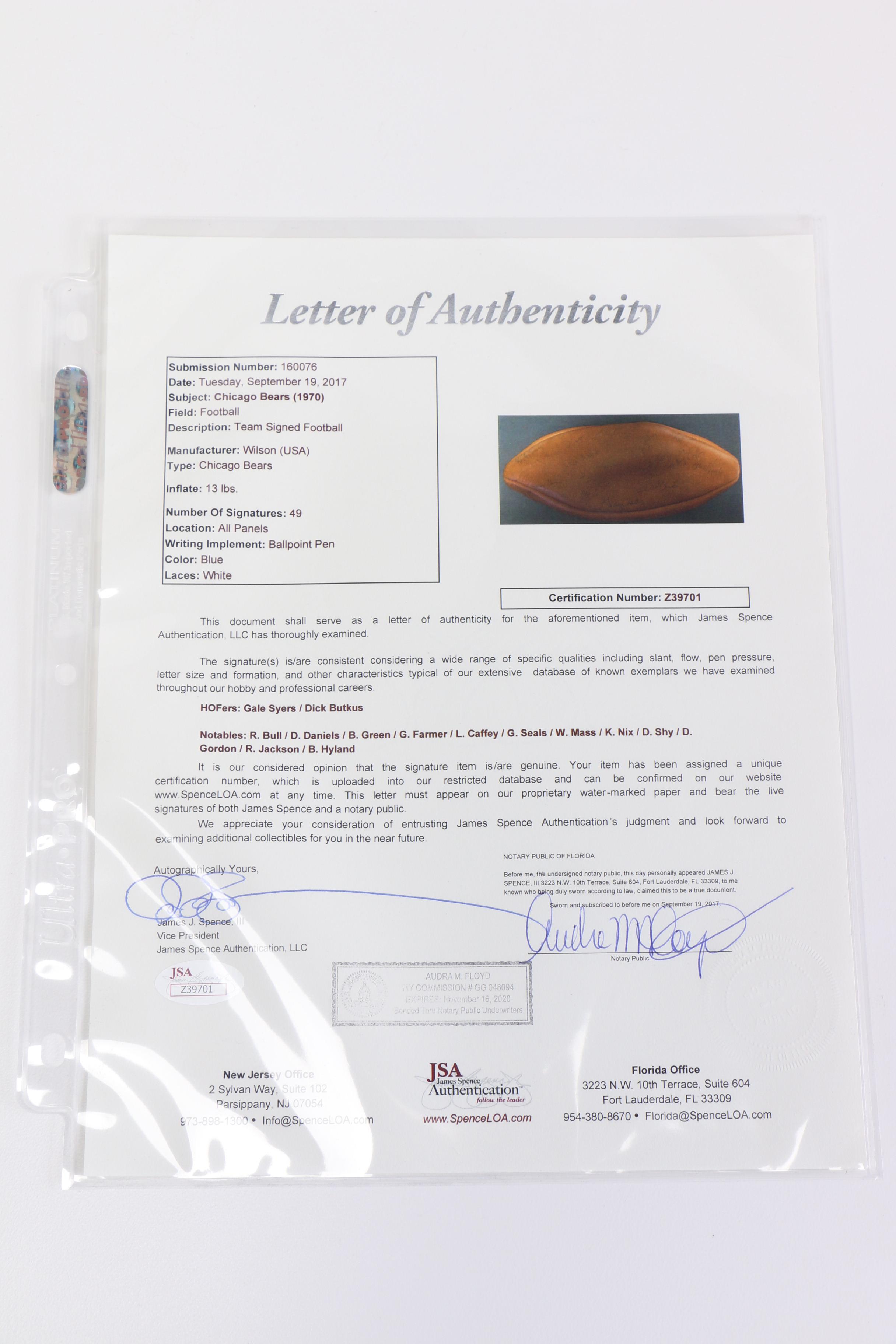 1970 Chicago Bears Signed Football