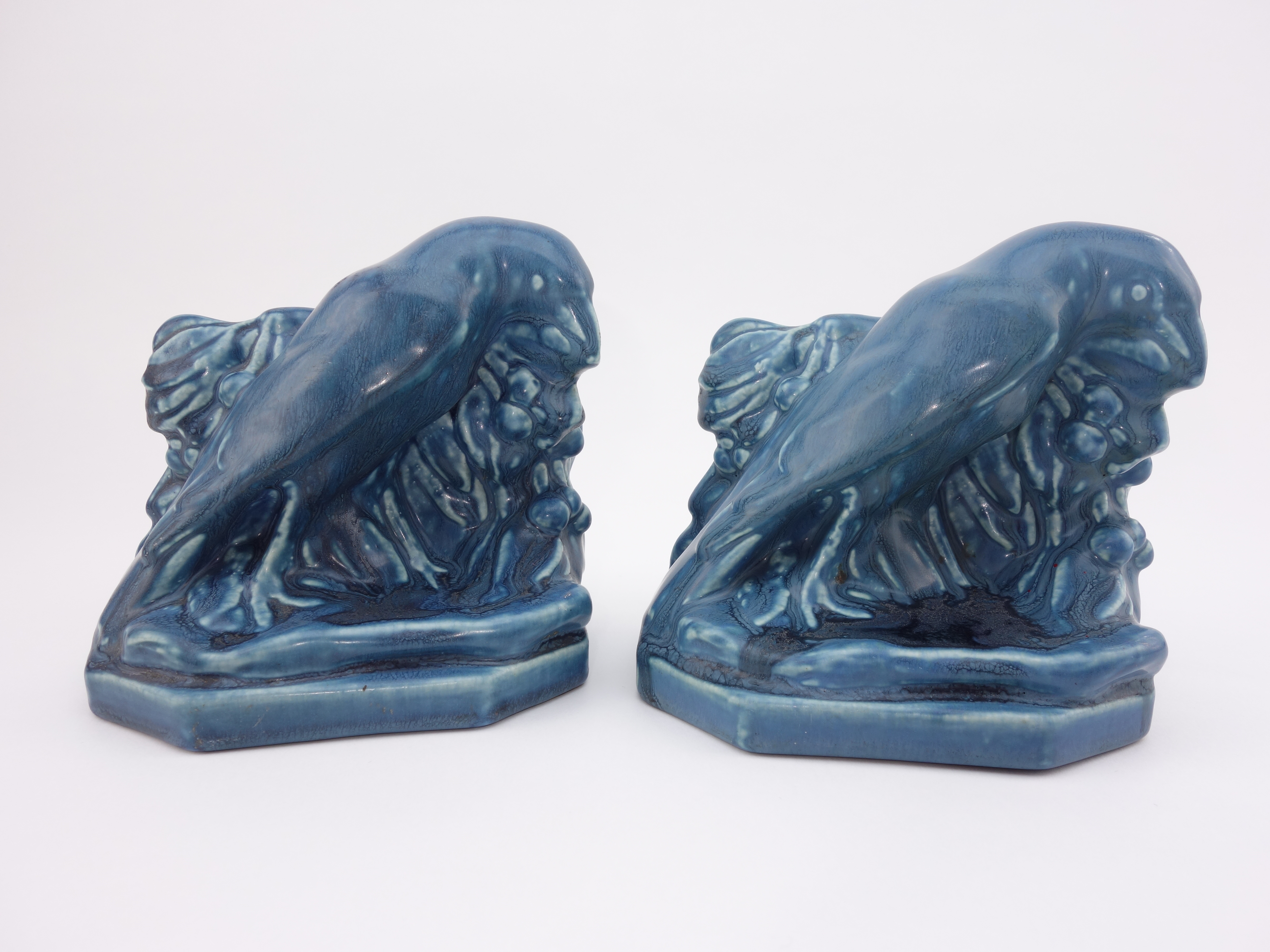 1922 Rookwood "Rook" Art Pottery Blue Bookends