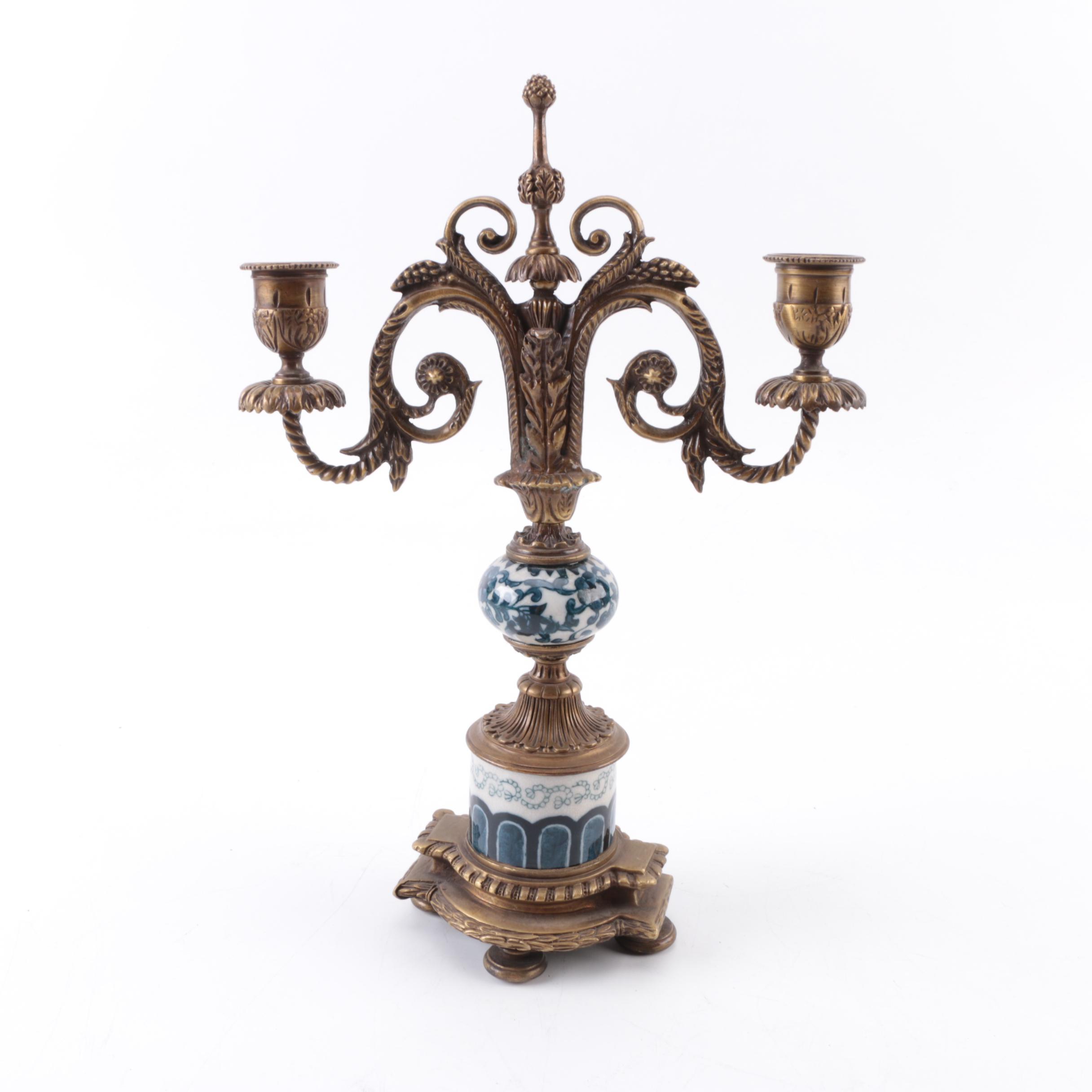 Brass Tone and Ceramic Candle Holder