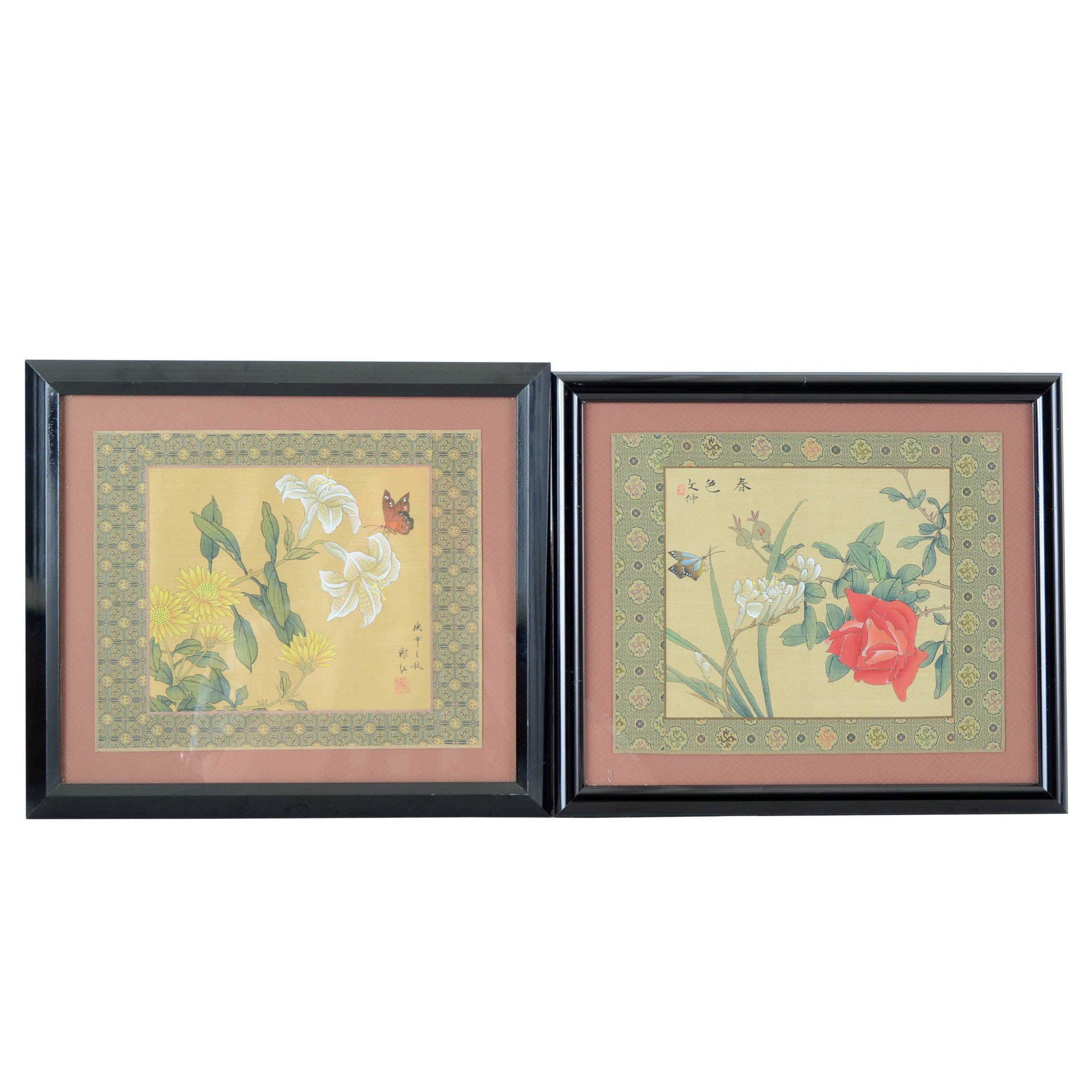 Pair of Chinese Floral Watercolors on Silk