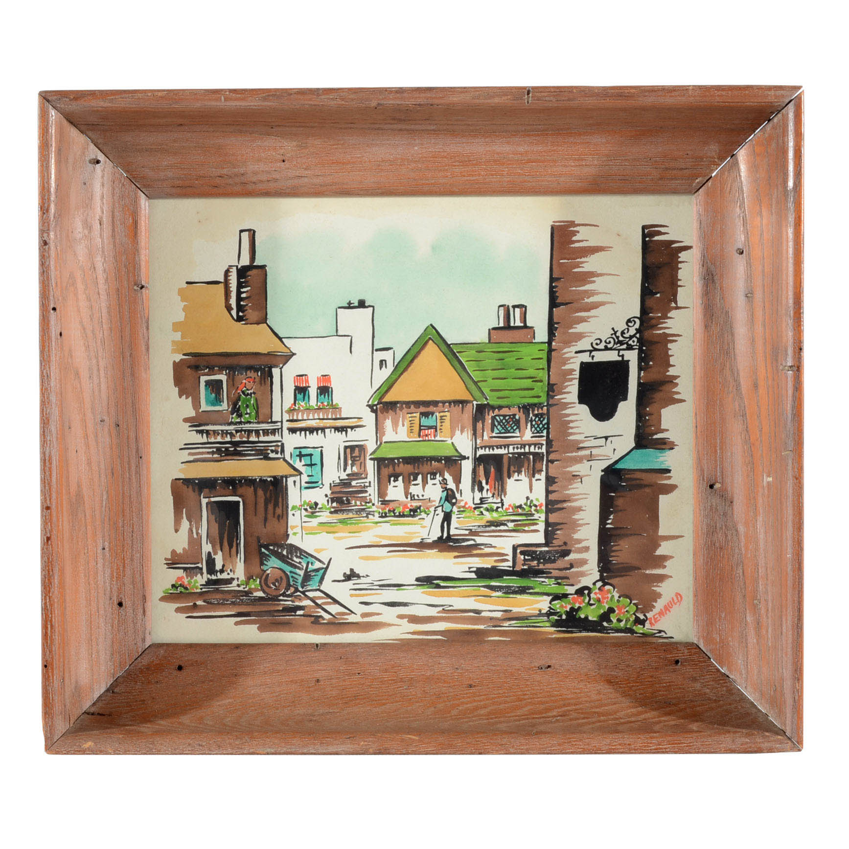 Renauld Gouache and Watercolor Painting of a Village Scene