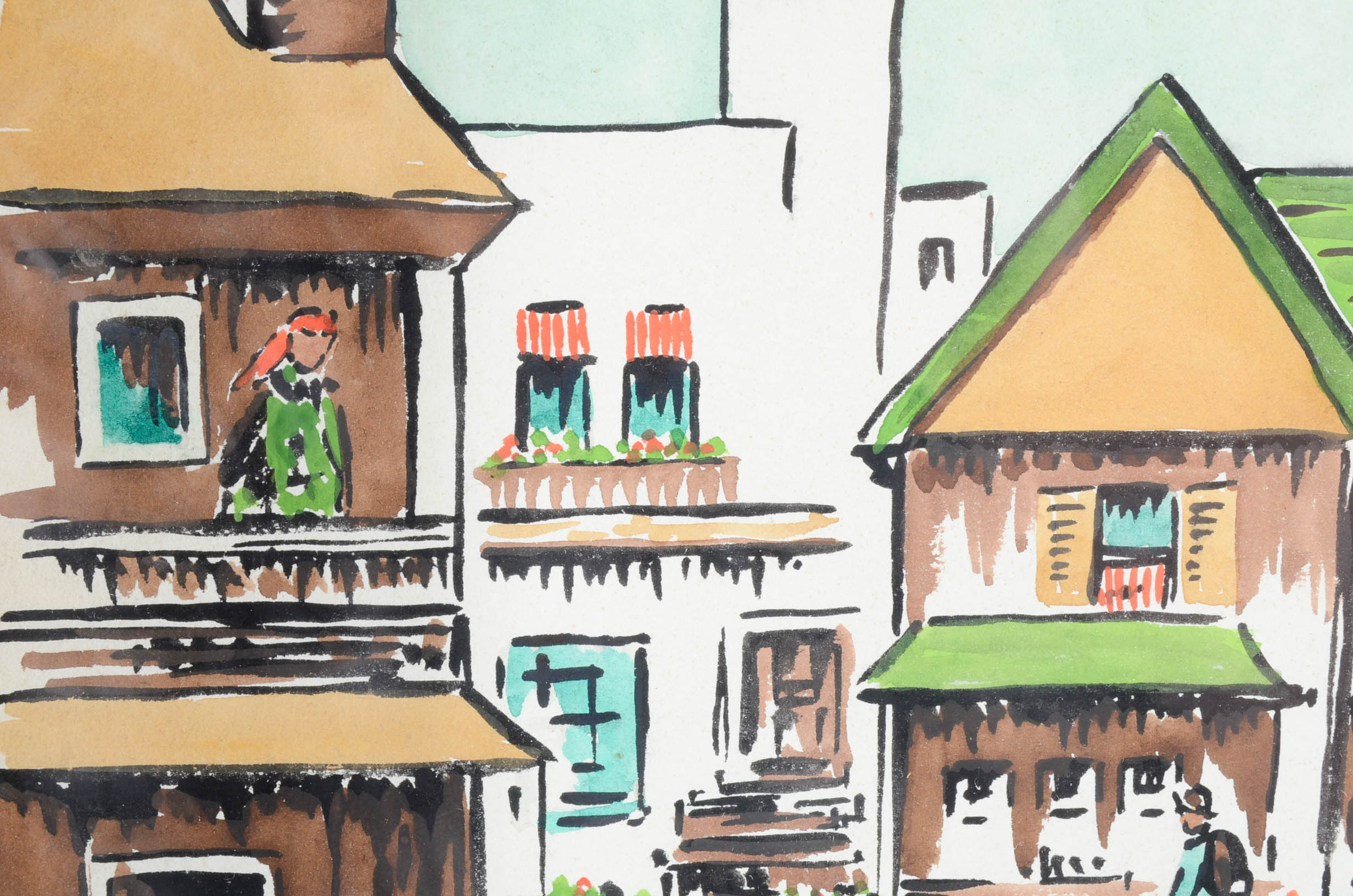 Renauld Gouache and Watercolor Painting of a Village Scene