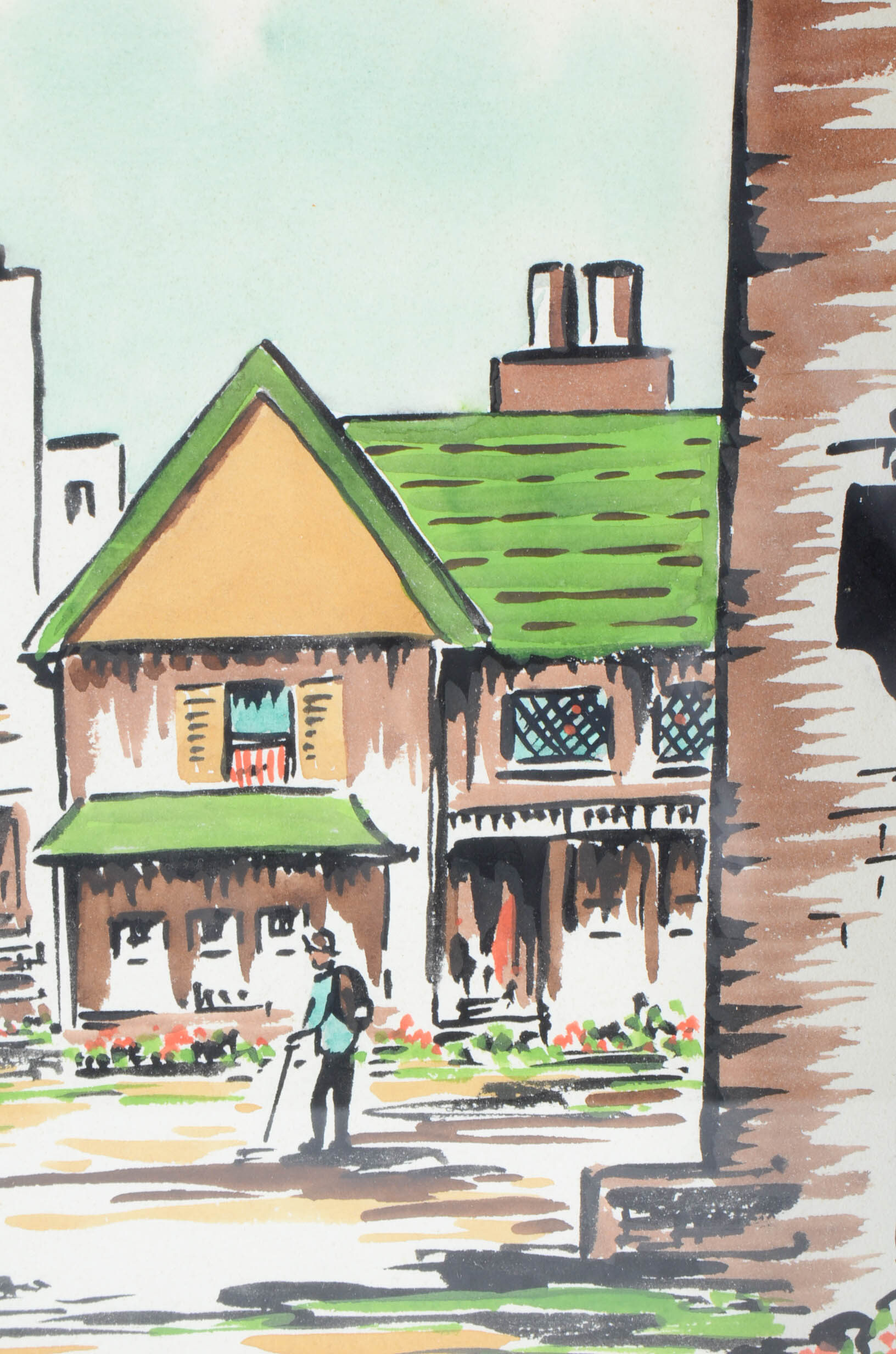 Renauld Gouache and Watercolor Painting of a Village Scene