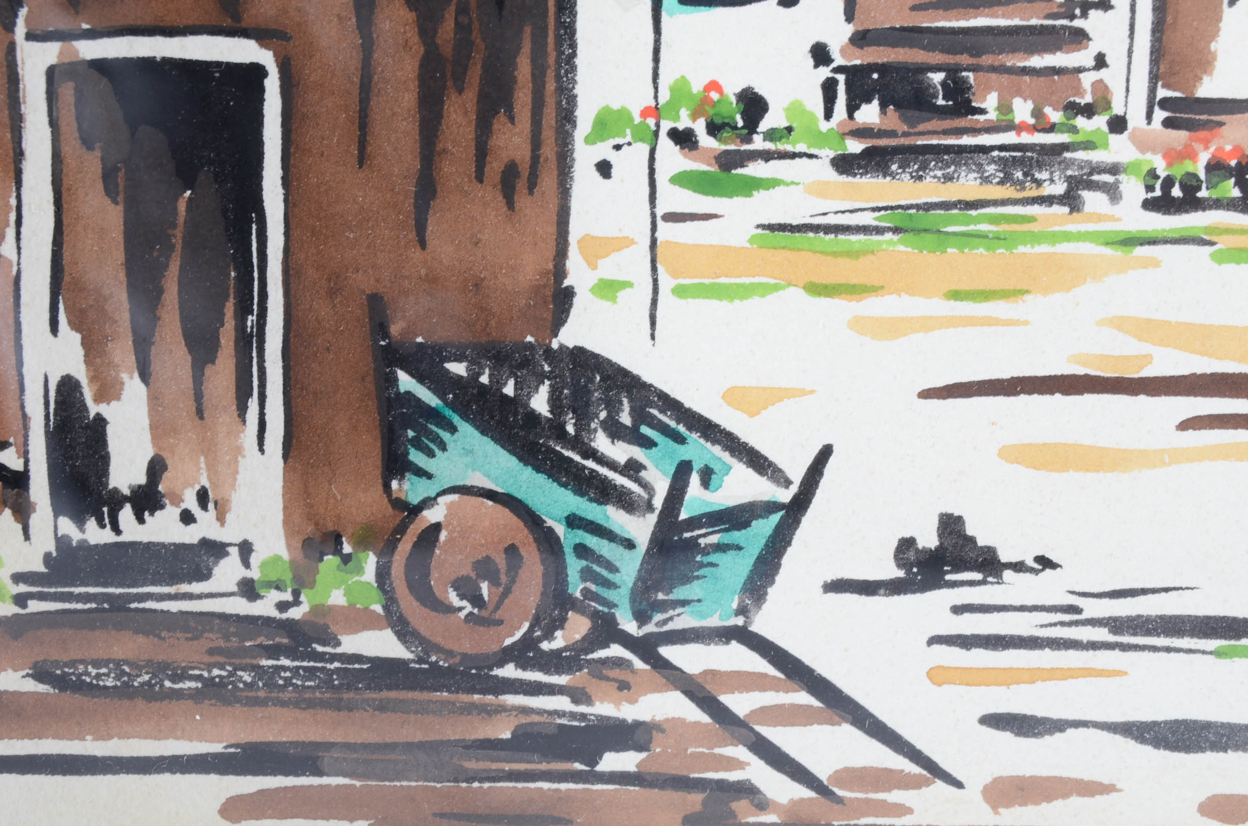 Renauld Gouache and Watercolor Painting of a Village Scene