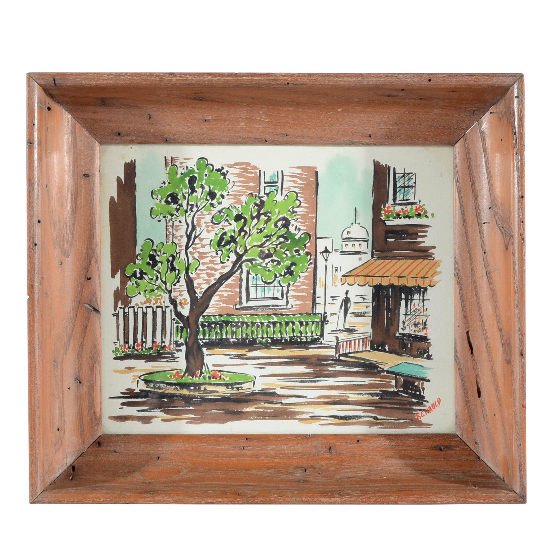 Renauld Gouache and Watercolor Painting of a Street Scene