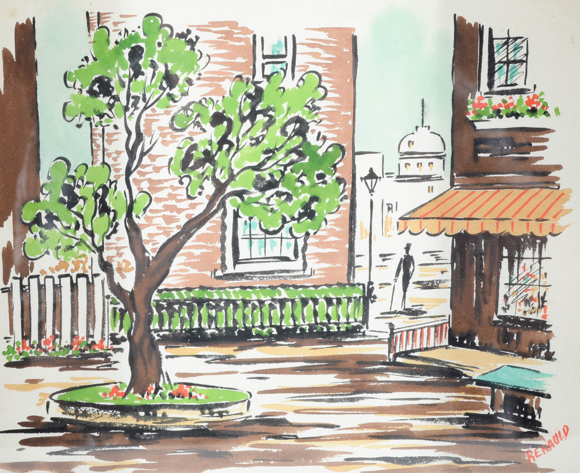 Renauld Gouache and Watercolor Painting of a Street Scene
