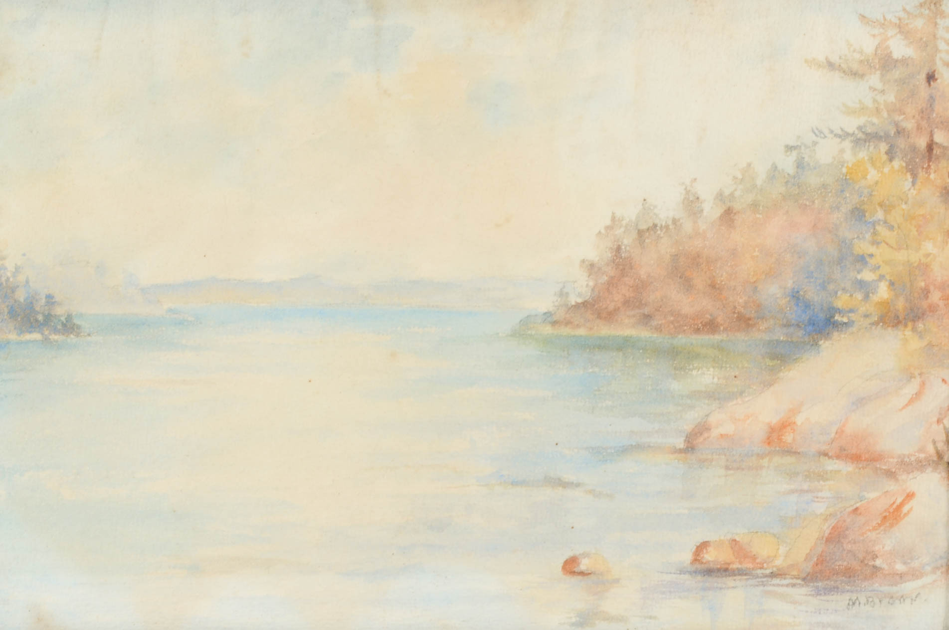 M. Brown Original Vintage Watercolor Painting of a Lake