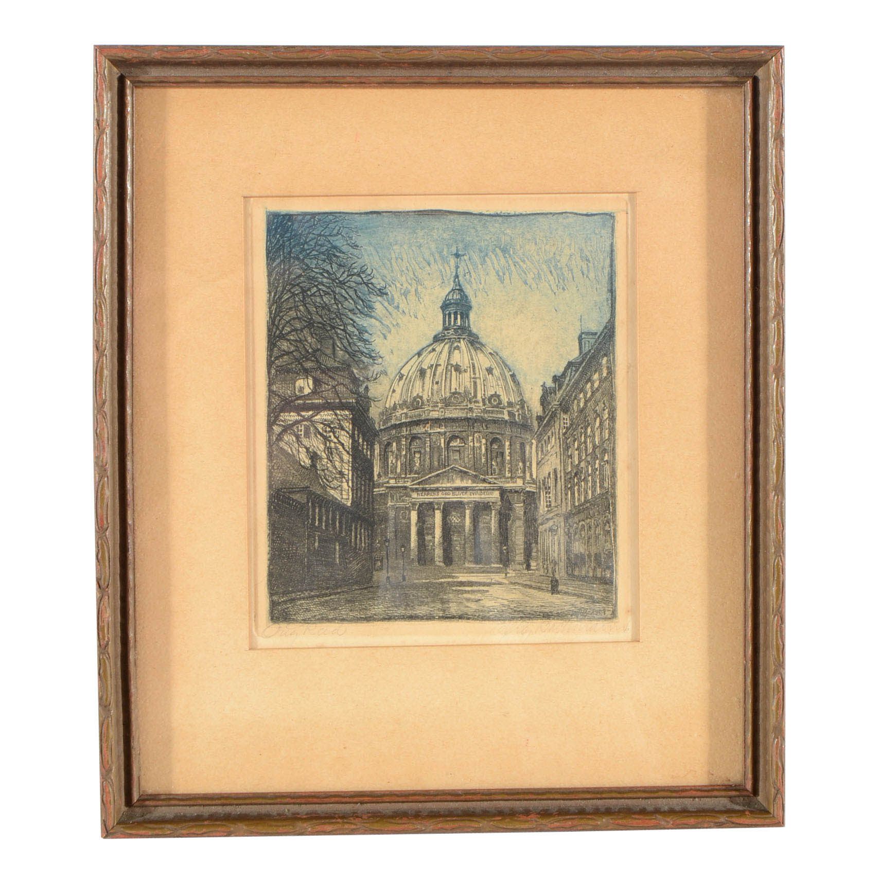 Bachmann Original Aquatint Etching of Frederik's Church, Denmark
