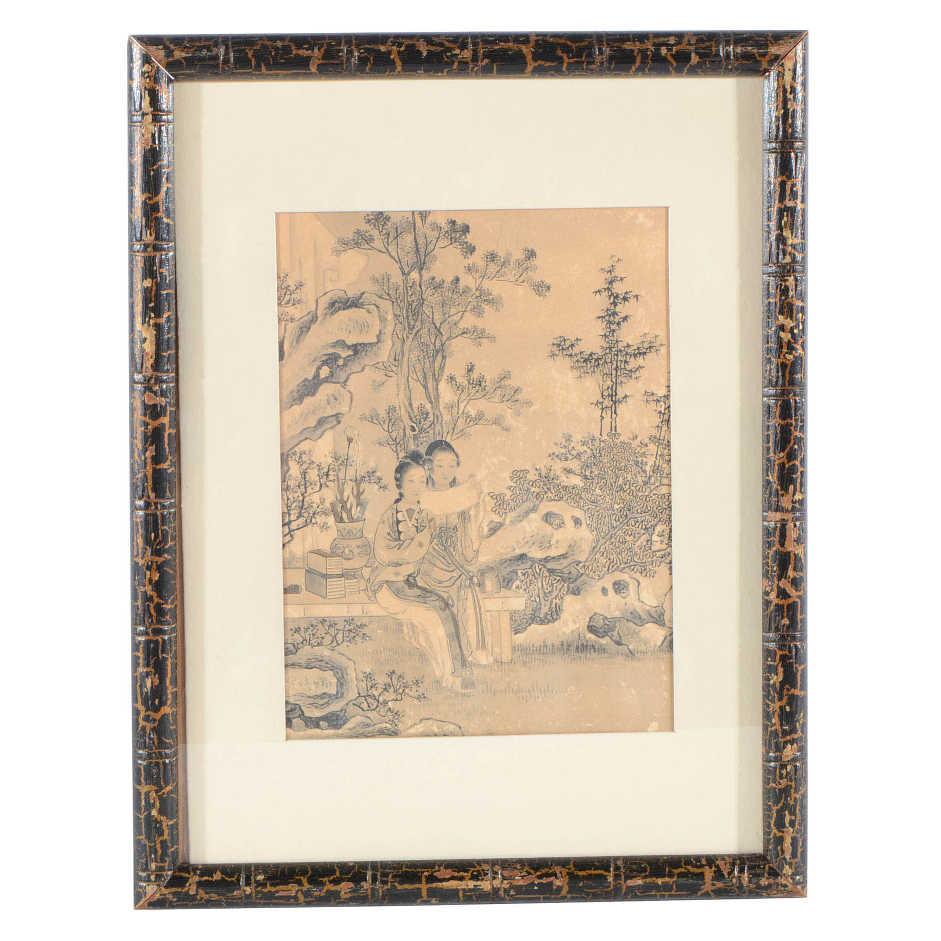 Asian Offset Lithograph of Two Figures in a Landscape