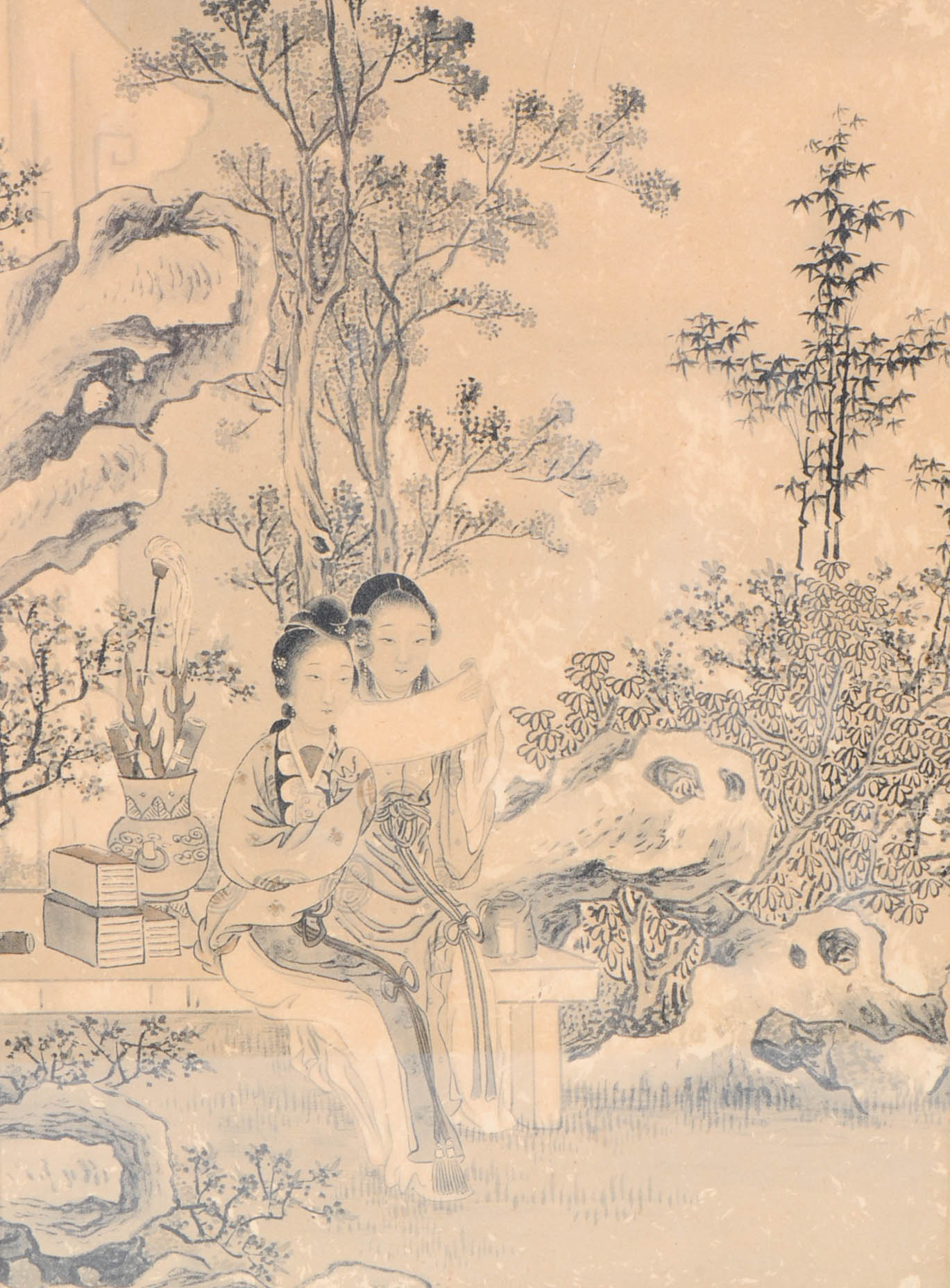 Asian Offset Lithograph of Two Figures in a Landscape