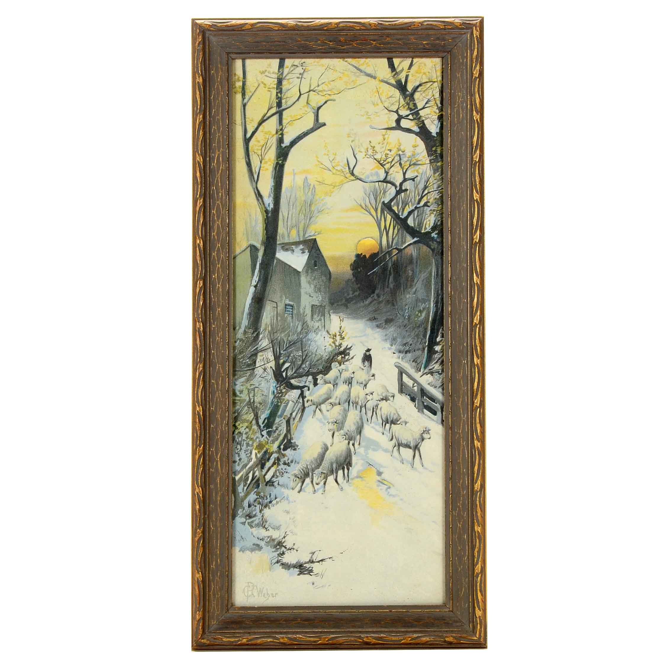 C.P. Weber Chromolithograph of Winter Scene with Sheep