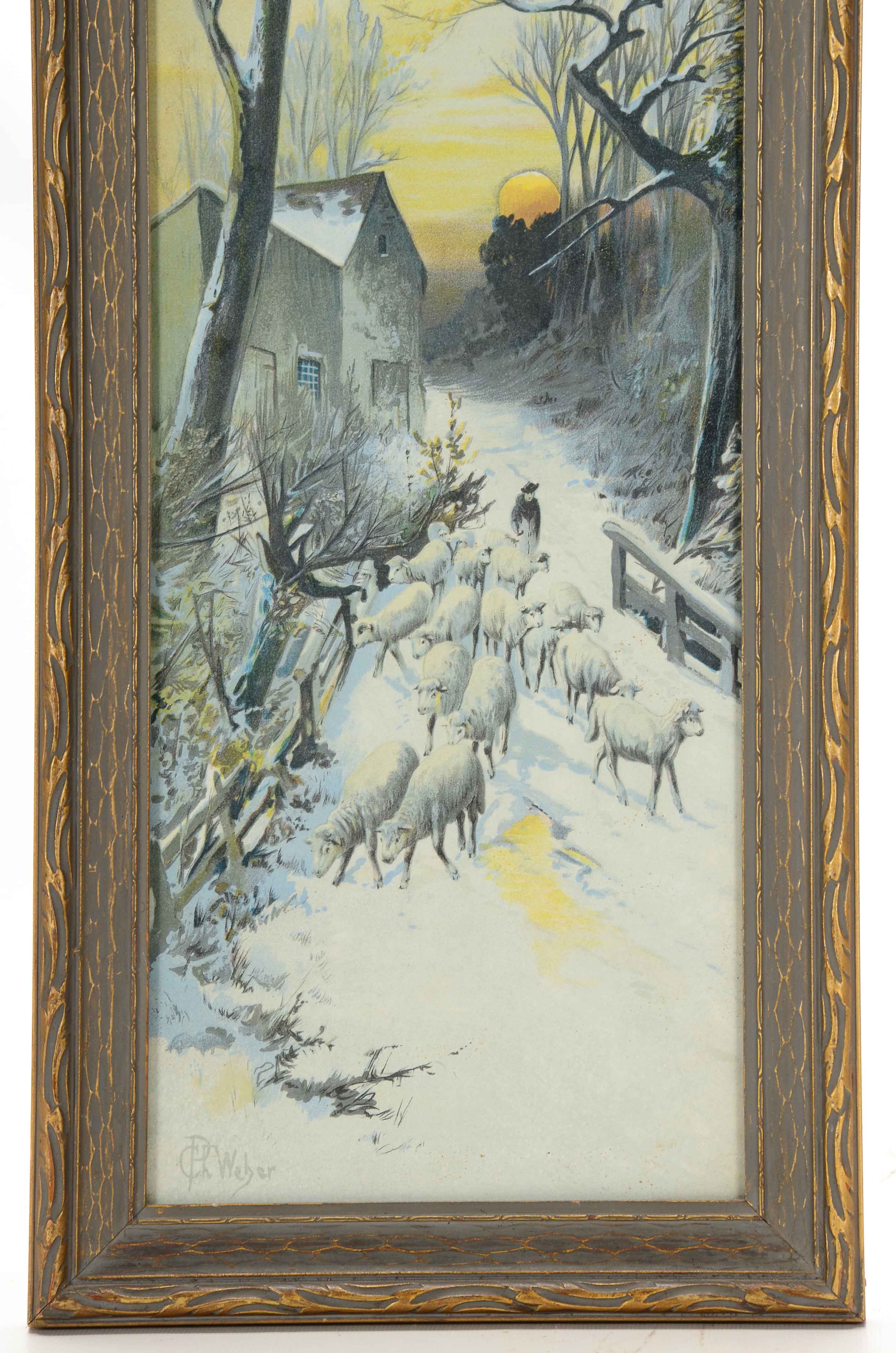 C.P. Weber Chromolithograph of Winter Scene with Sheep