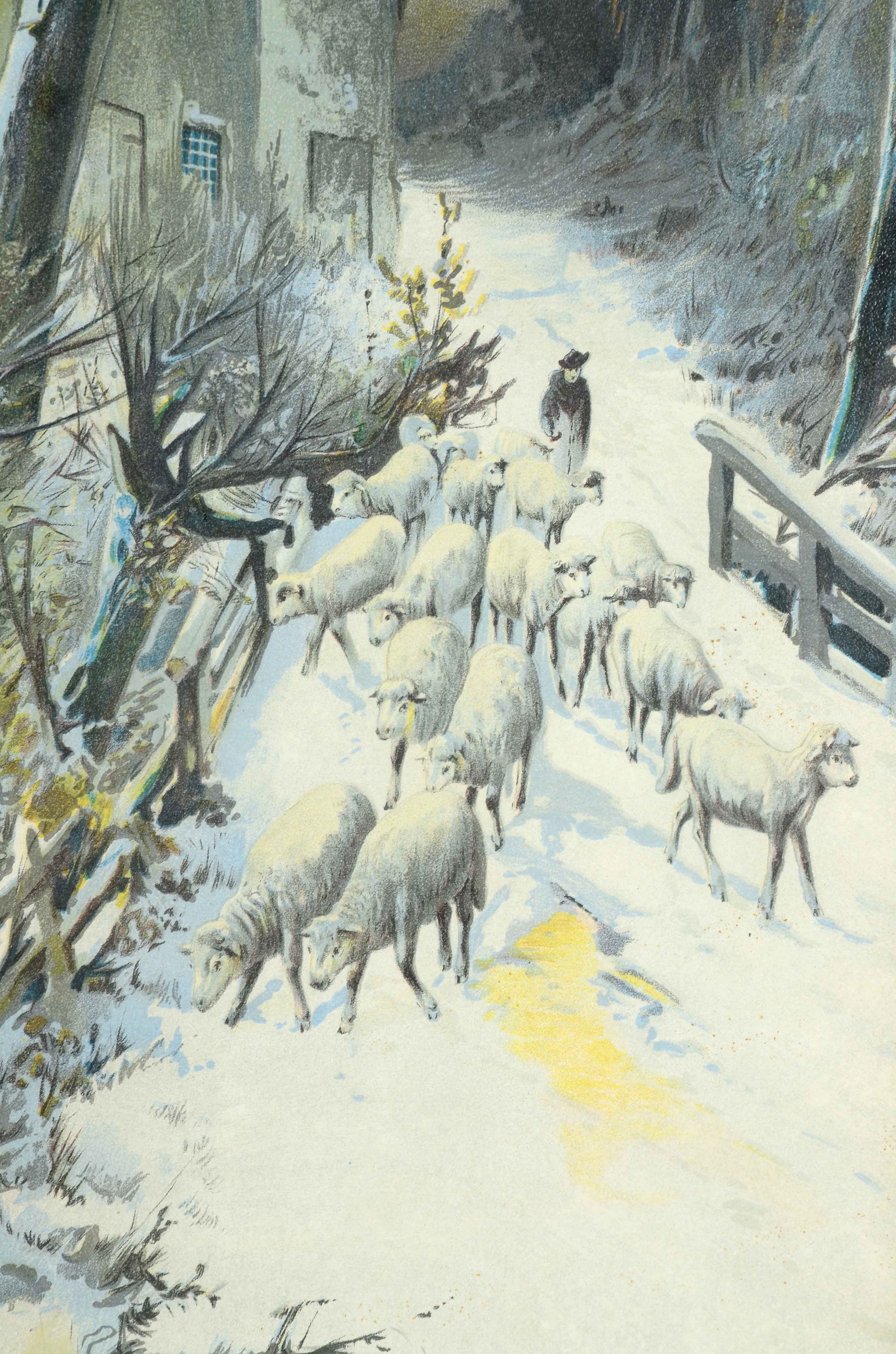 C.P. Weber Chromolithograph of Winter Scene with Sheep