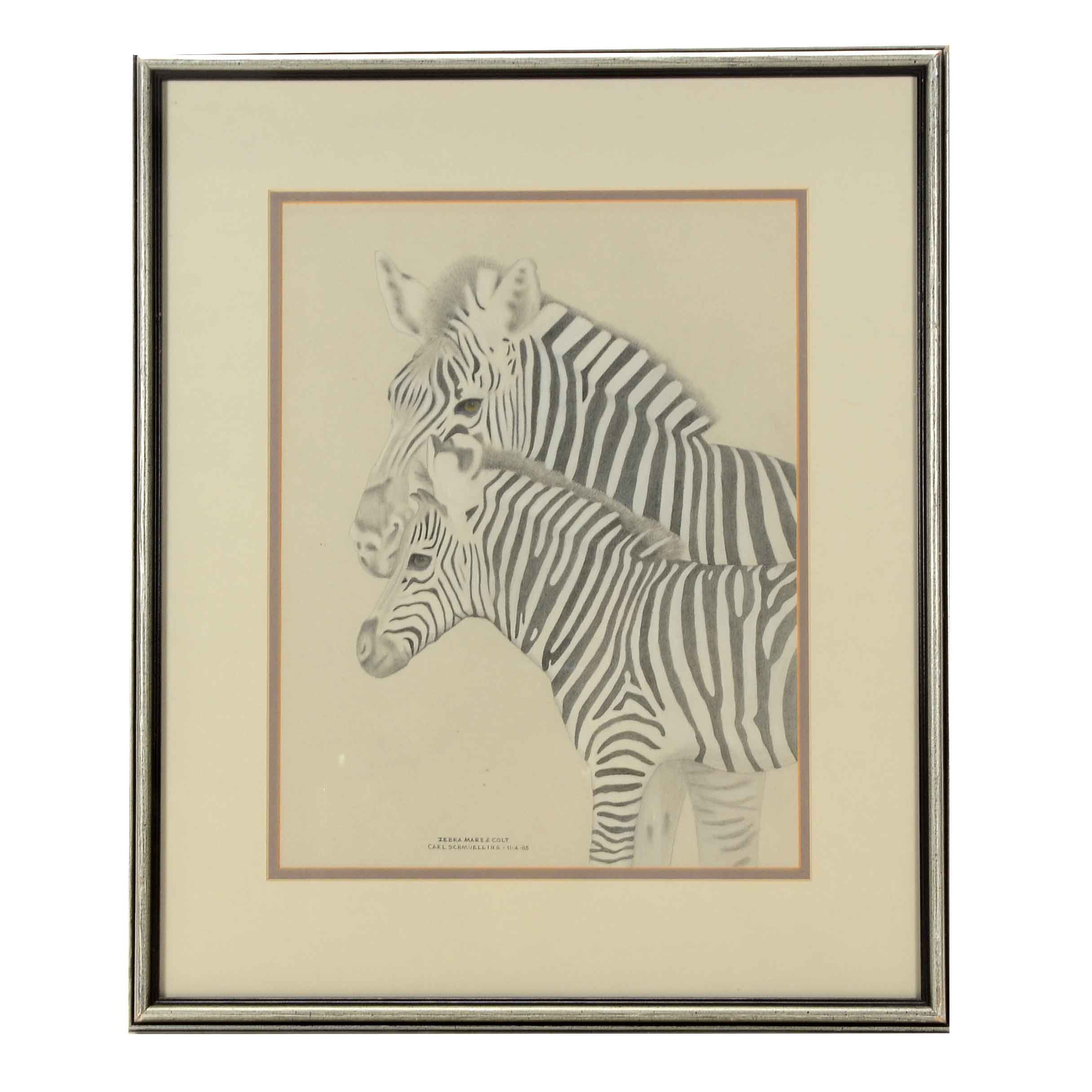 Carl Schmuelling Original Graphite and Pastel Drawing "Zebra Mare & Colt"