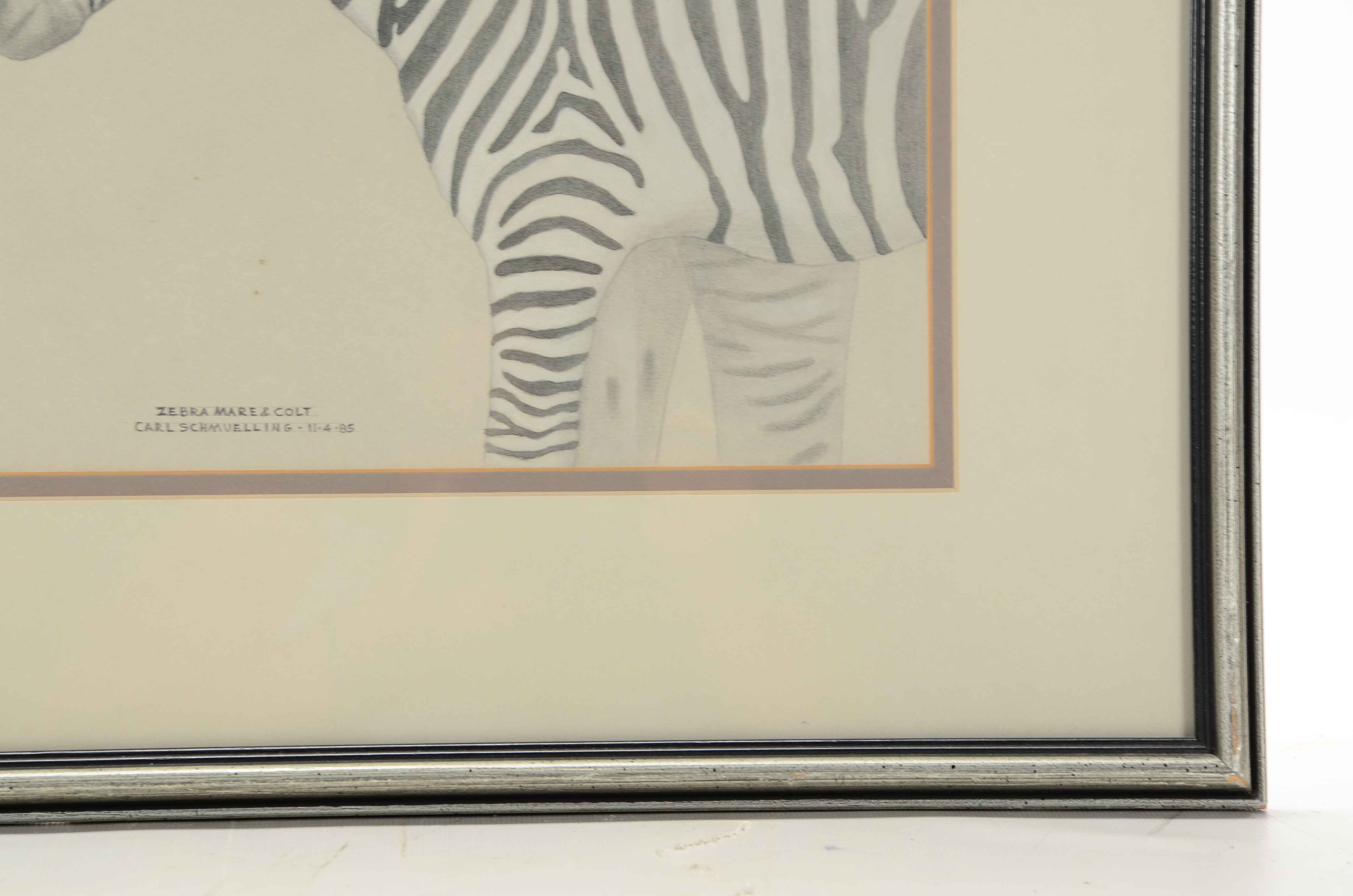 Carl Schmuelling Original Graphite and Pastel Drawing "Zebra Mare & Colt"