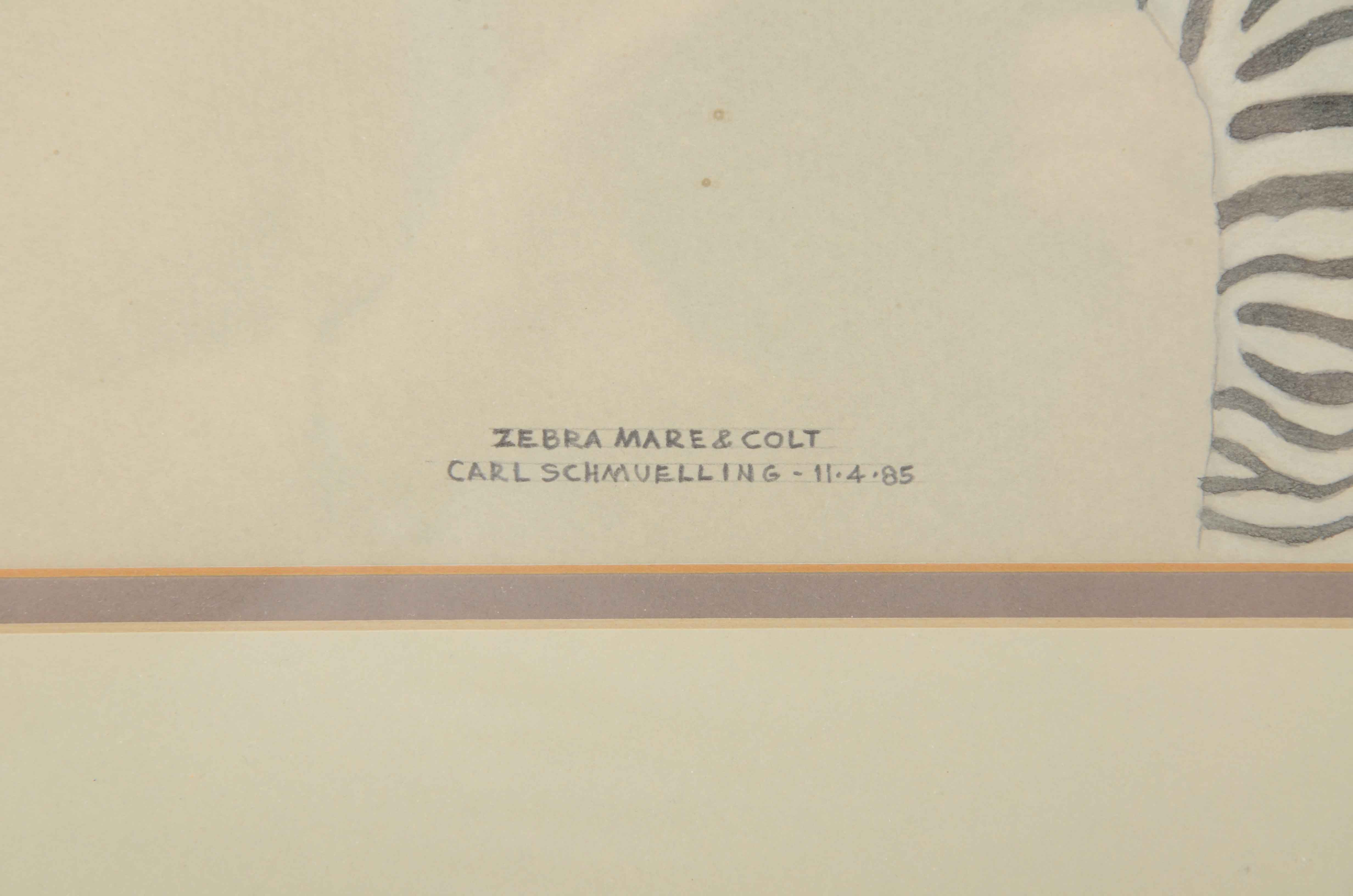 Carl Schmuelling Original Graphite and Pastel Drawing "Zebra Mare & Colt"