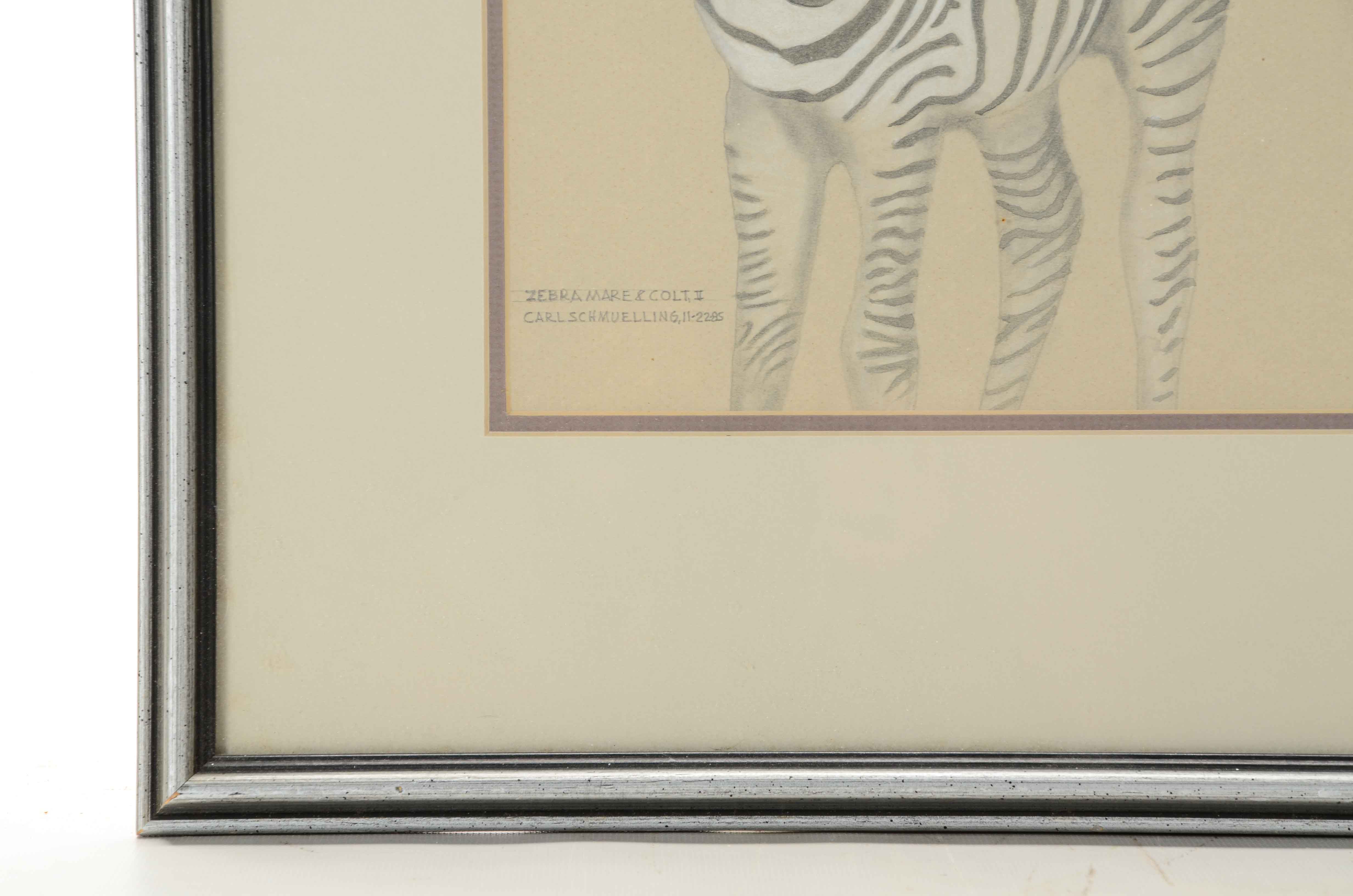 Carl Schmuelling Original Graphite and Pastel Drawing "Zebra Mare & Colt II"