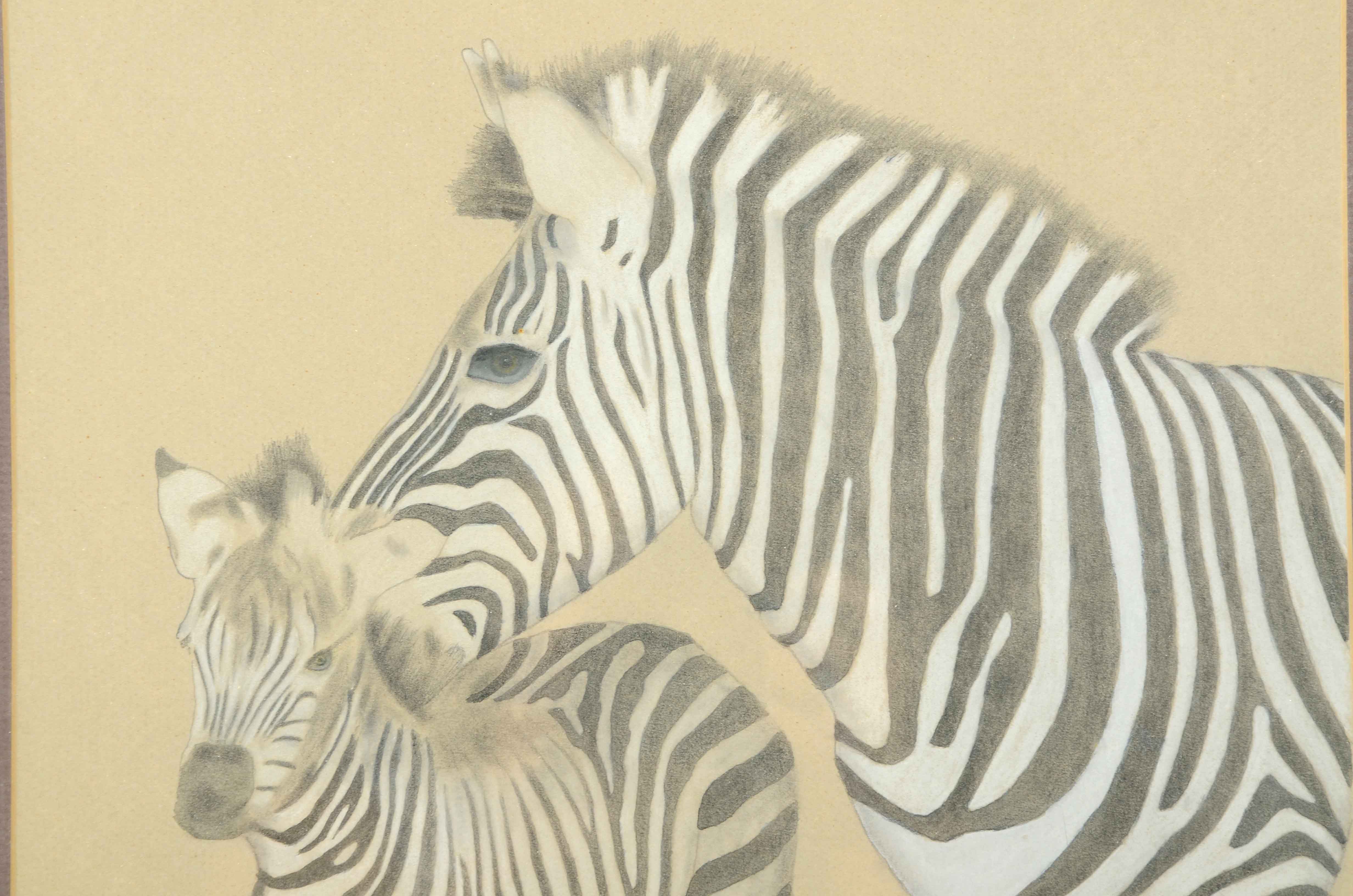 Carl Schmuelling Original Graphite and Pastel Drawing "Zebra Mare & Colt II"