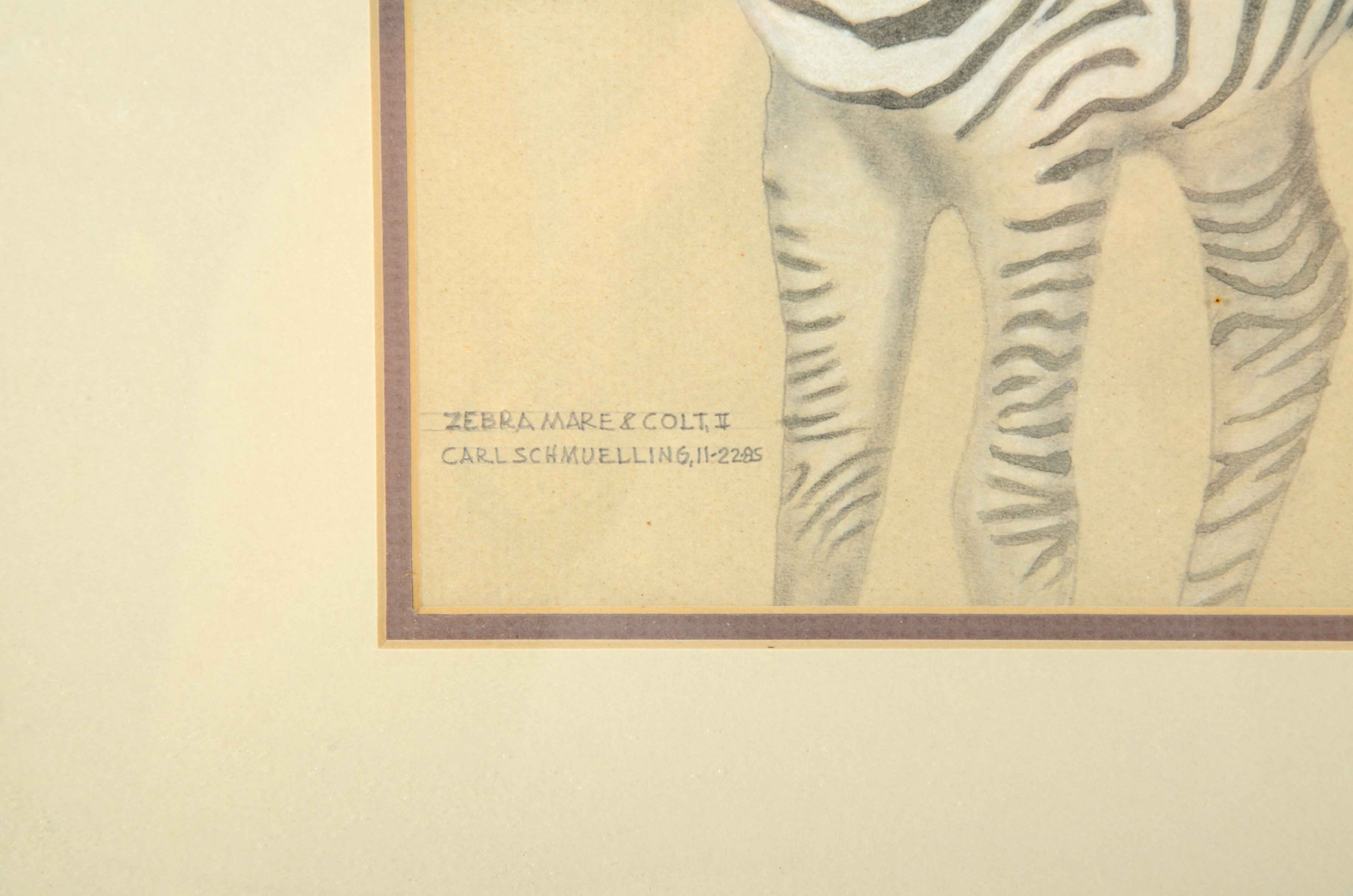 Carl Schmuelling Original Graphite and Pastel Drawing "Zebra Mare & Colt II"