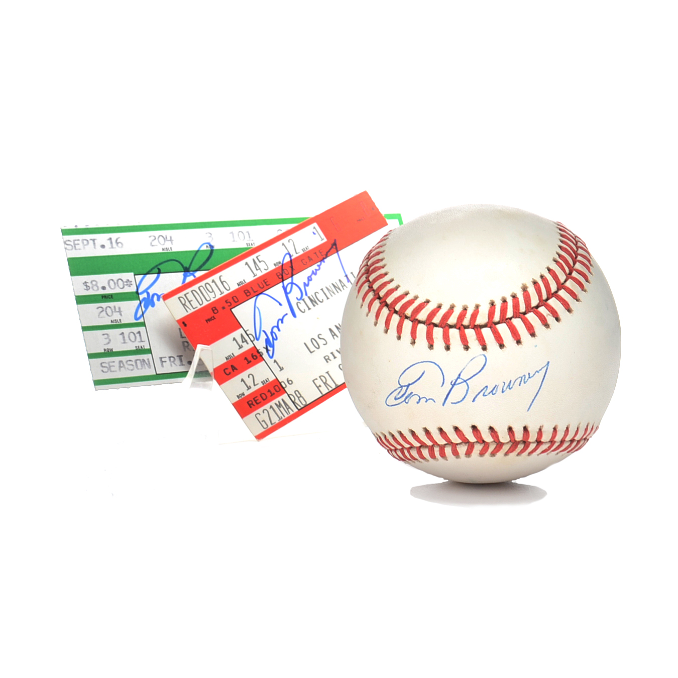 1988 Tom Browning Signed Baseball and "Perfect Game" Full Ticket and Stub