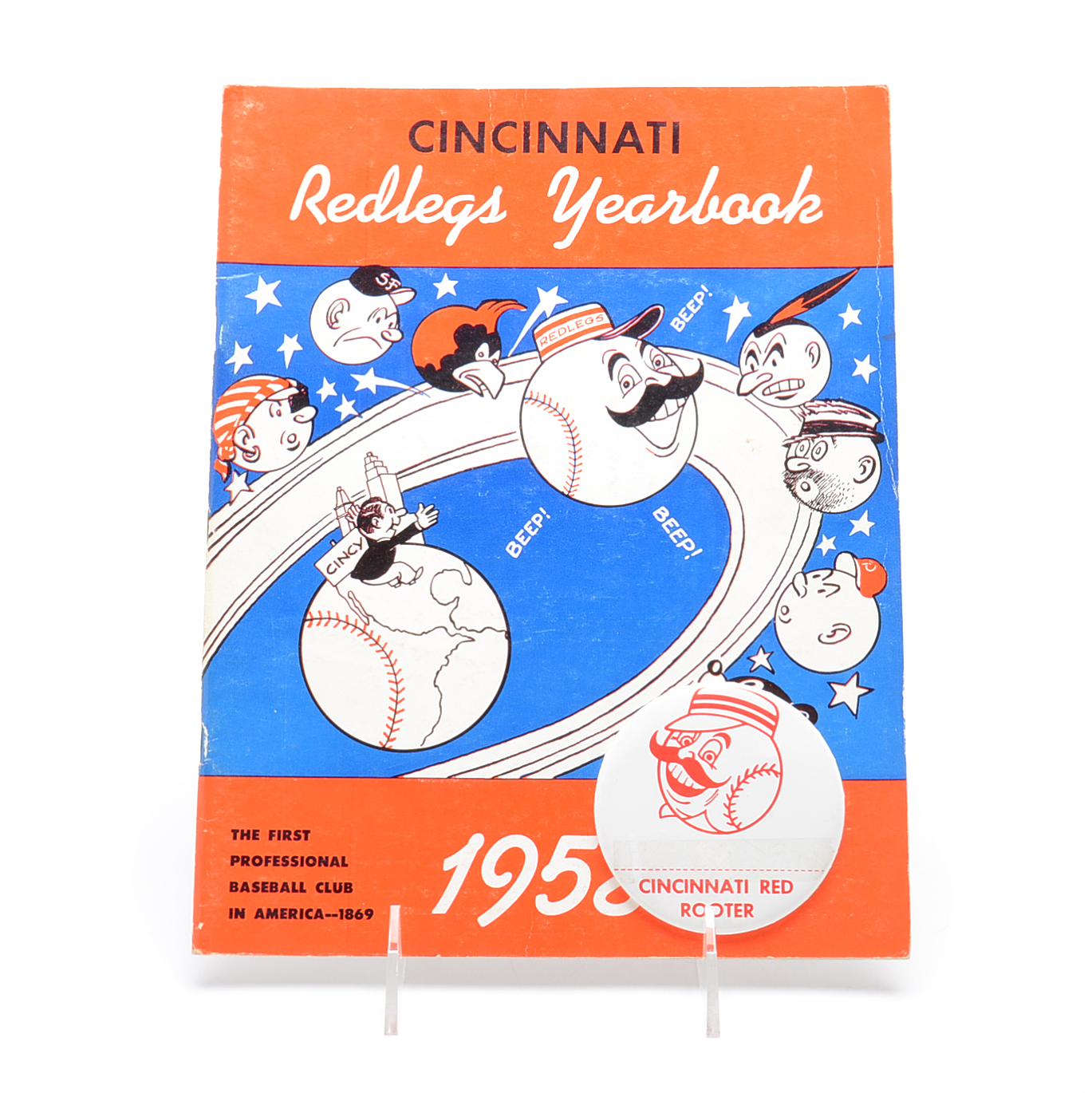 1958 Cincinnati Reds Yearbook and Mr Red Team "Rooter" Pinback