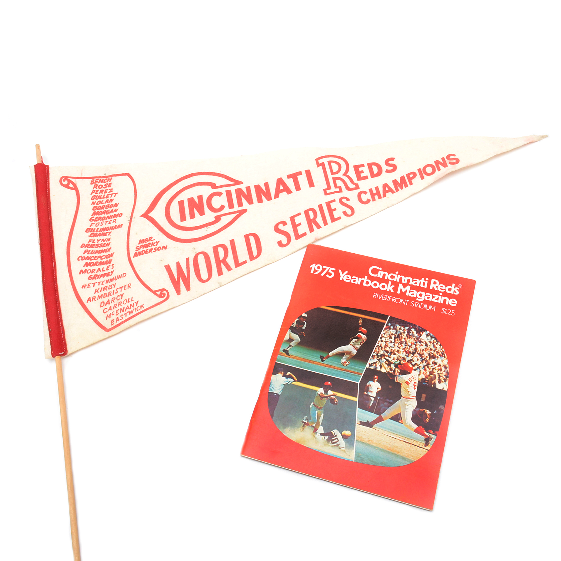 1975 Reds "World Champs" Scroll Team Pennant and Yearbook