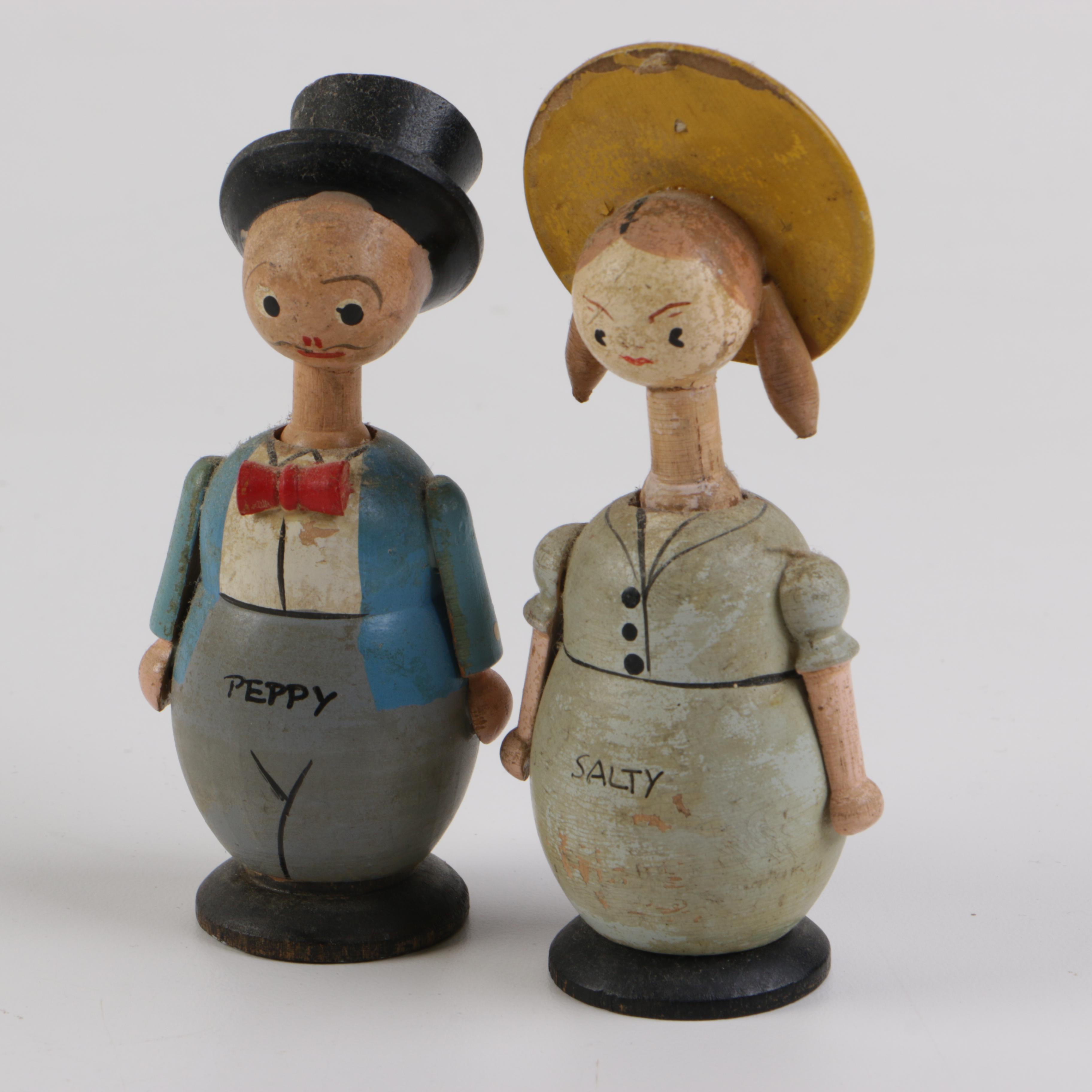 Vintage Painted Wood Salt and Pepper Shakers