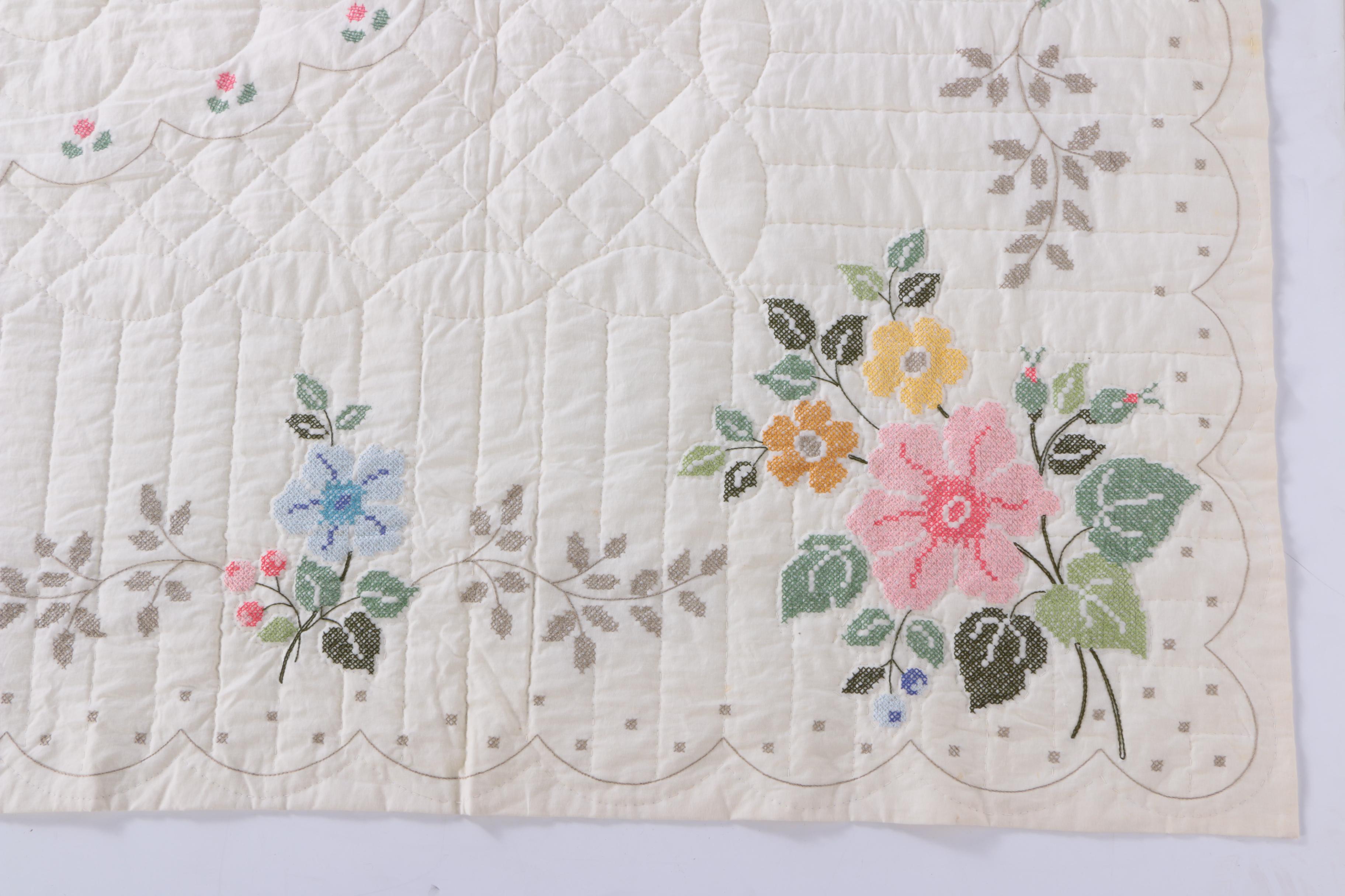 Handmade Cross Stitch Embroidered Floral Bedspread