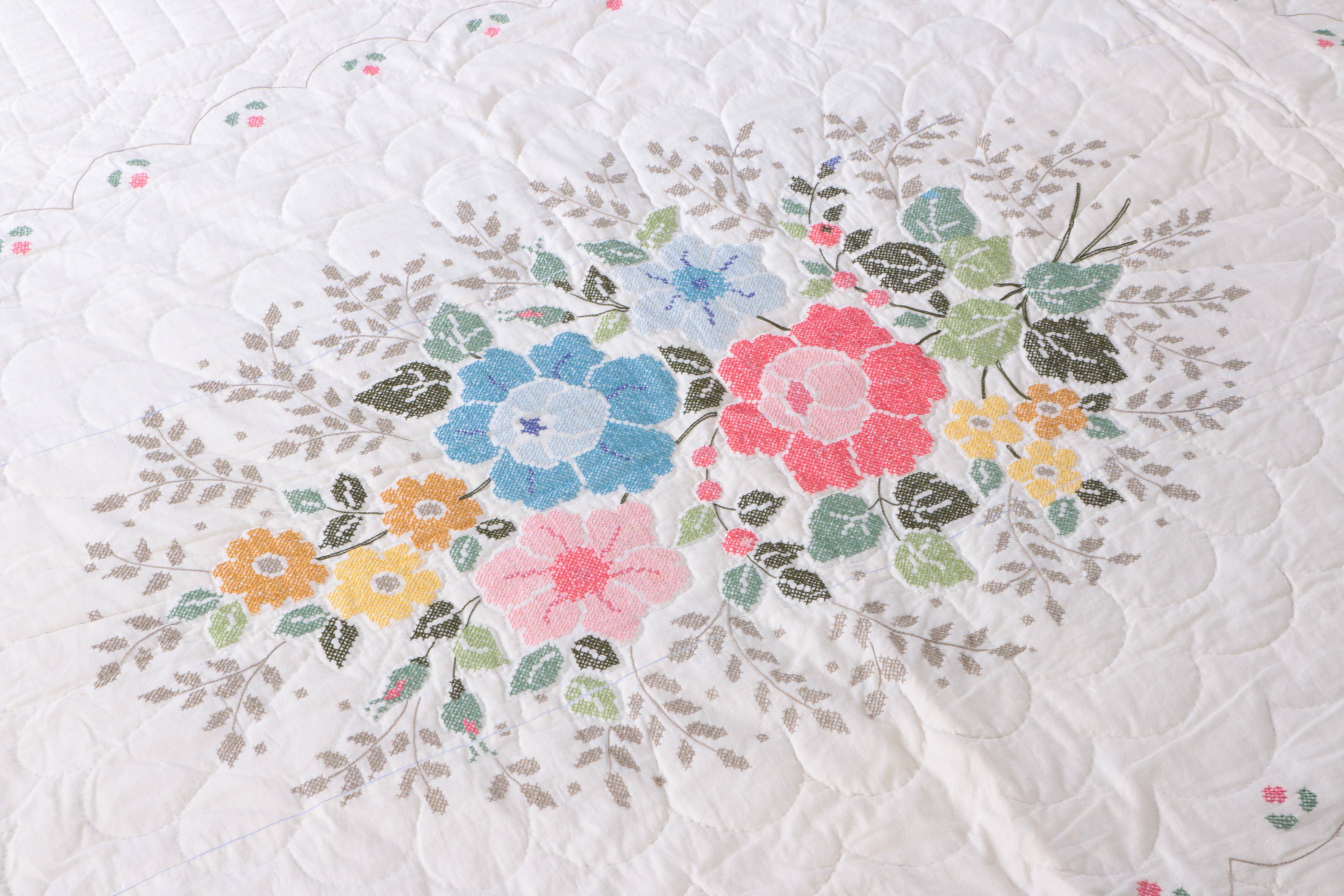 Handmade Cross Stitch Embroidered Floral Bedspread
