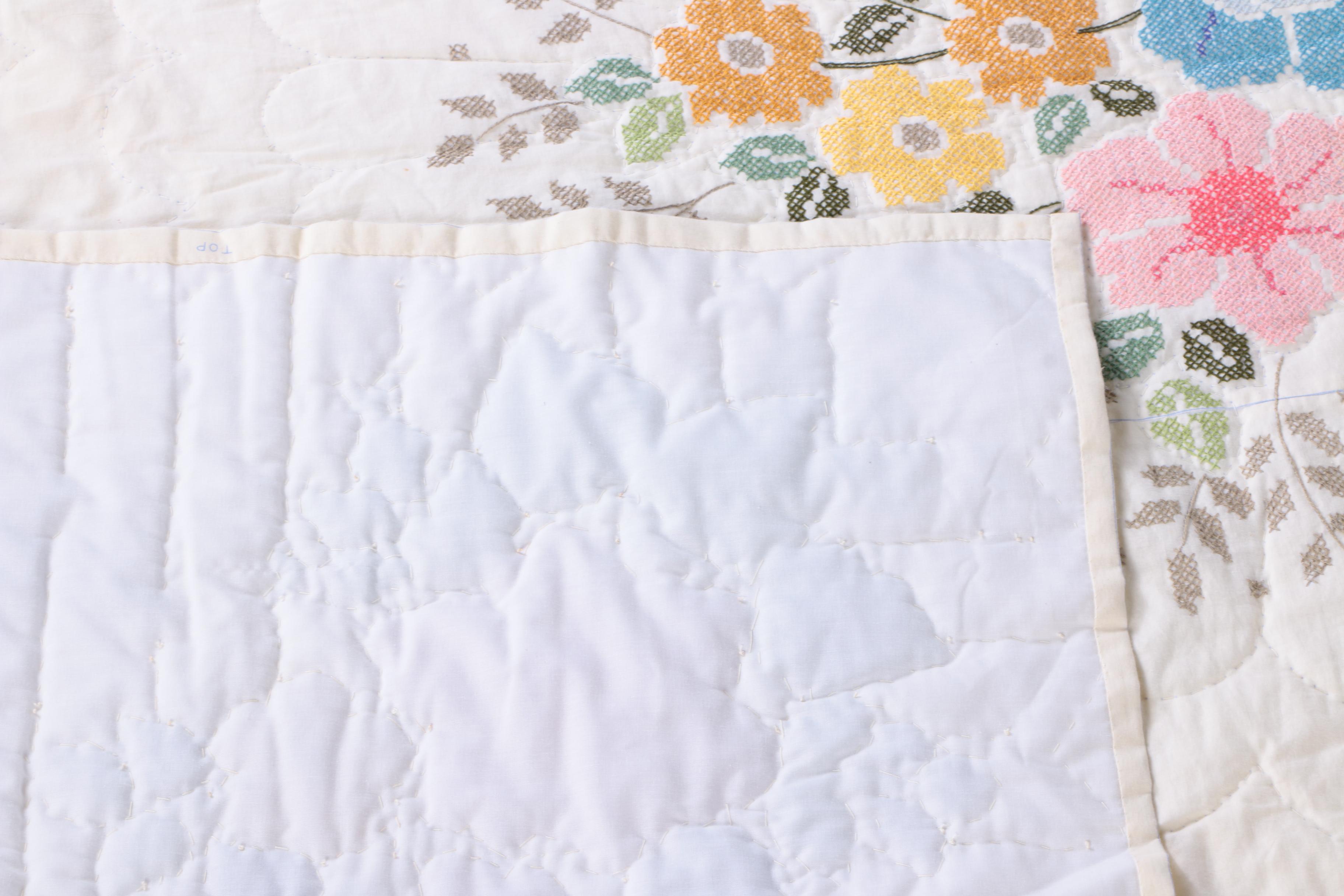 Handmade Cross Stitch Embroidered Floral Bedspread