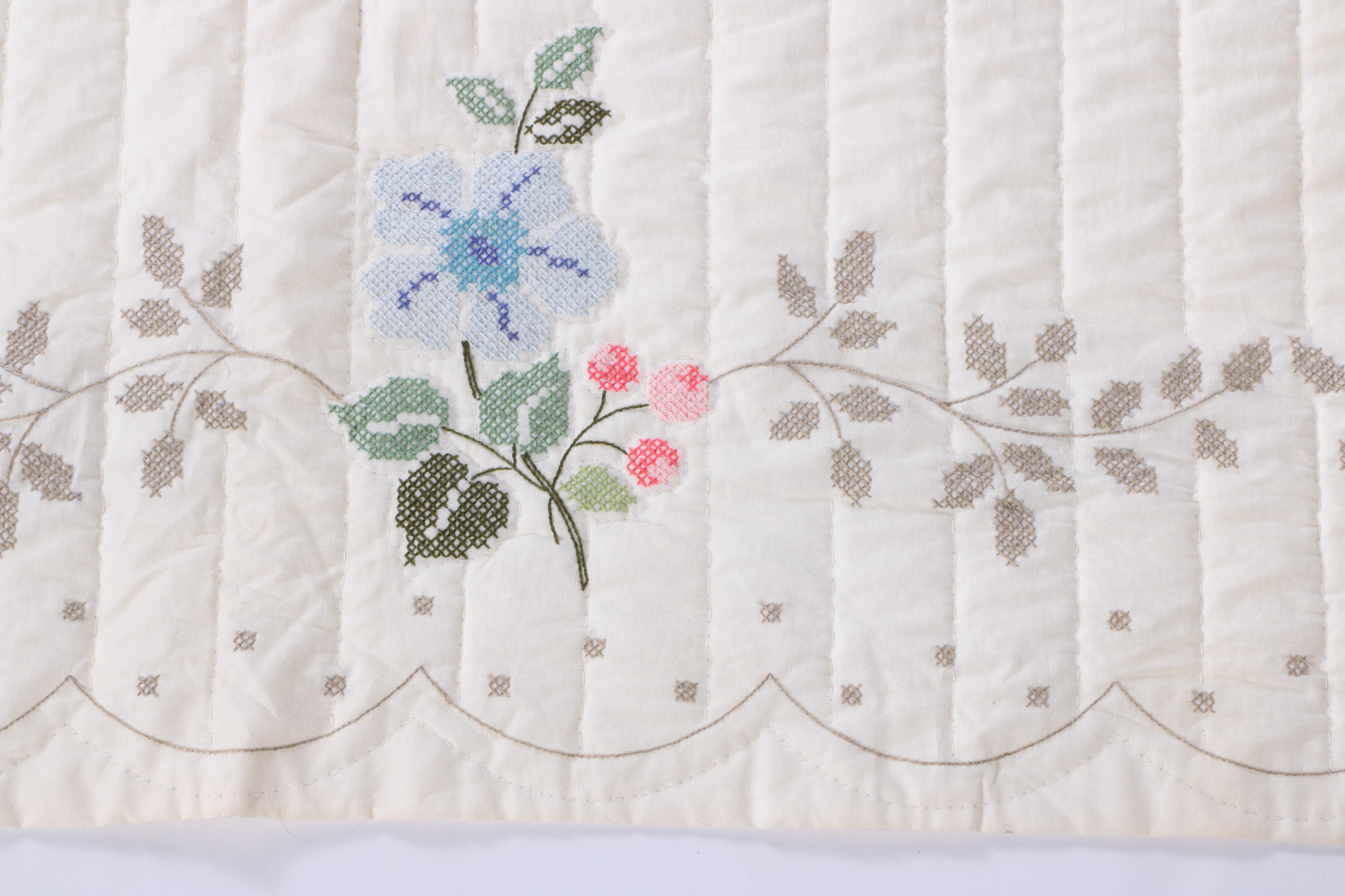 Handmade Cross Stitch Embroidered Floral Bedspread