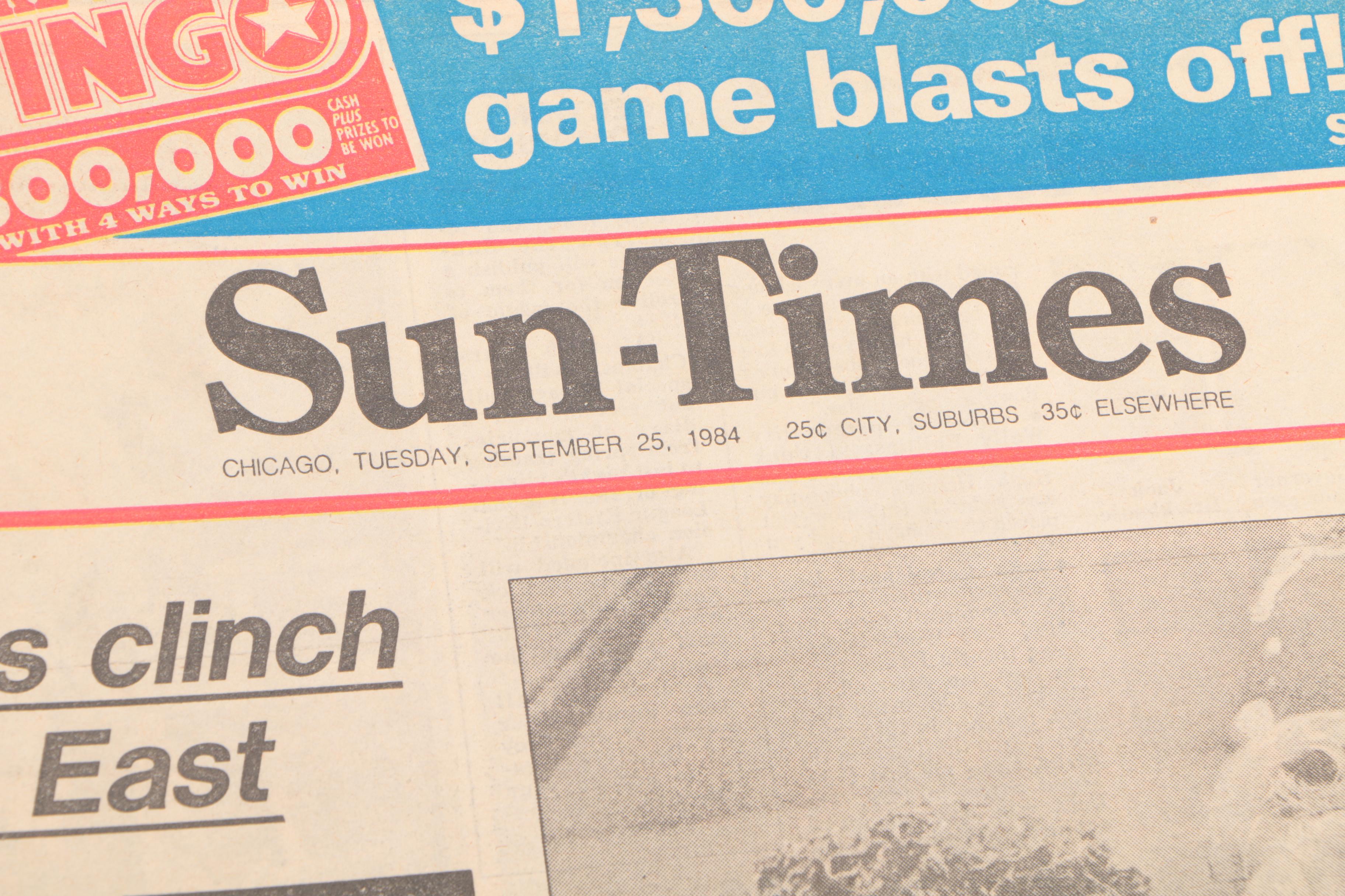 "Chicago Sun-Times" Featuring Chicago Cubs 1984 Playoffs