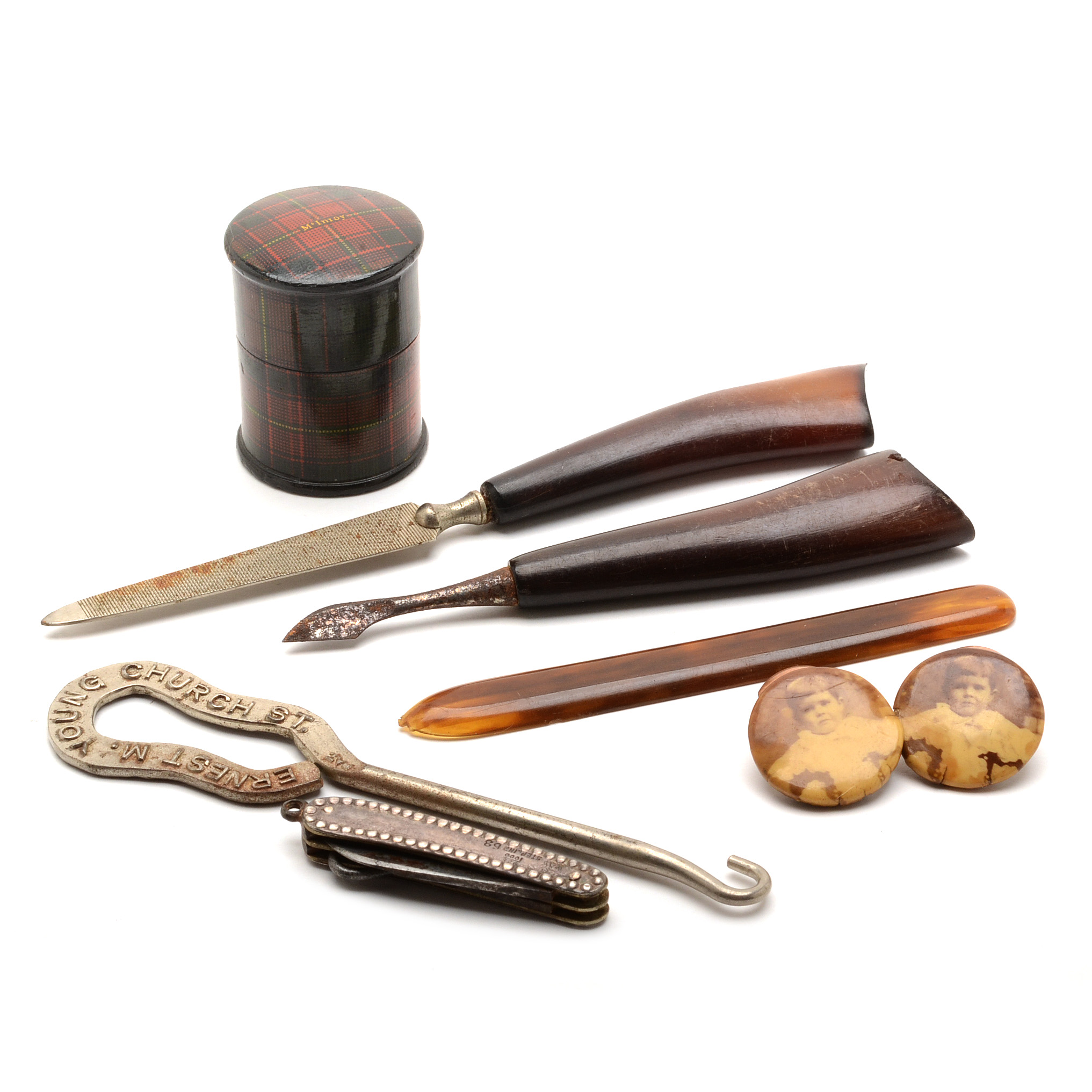 Vintage Buttonhooks, Grooming Tools, Photo Cufflinks and Thimble