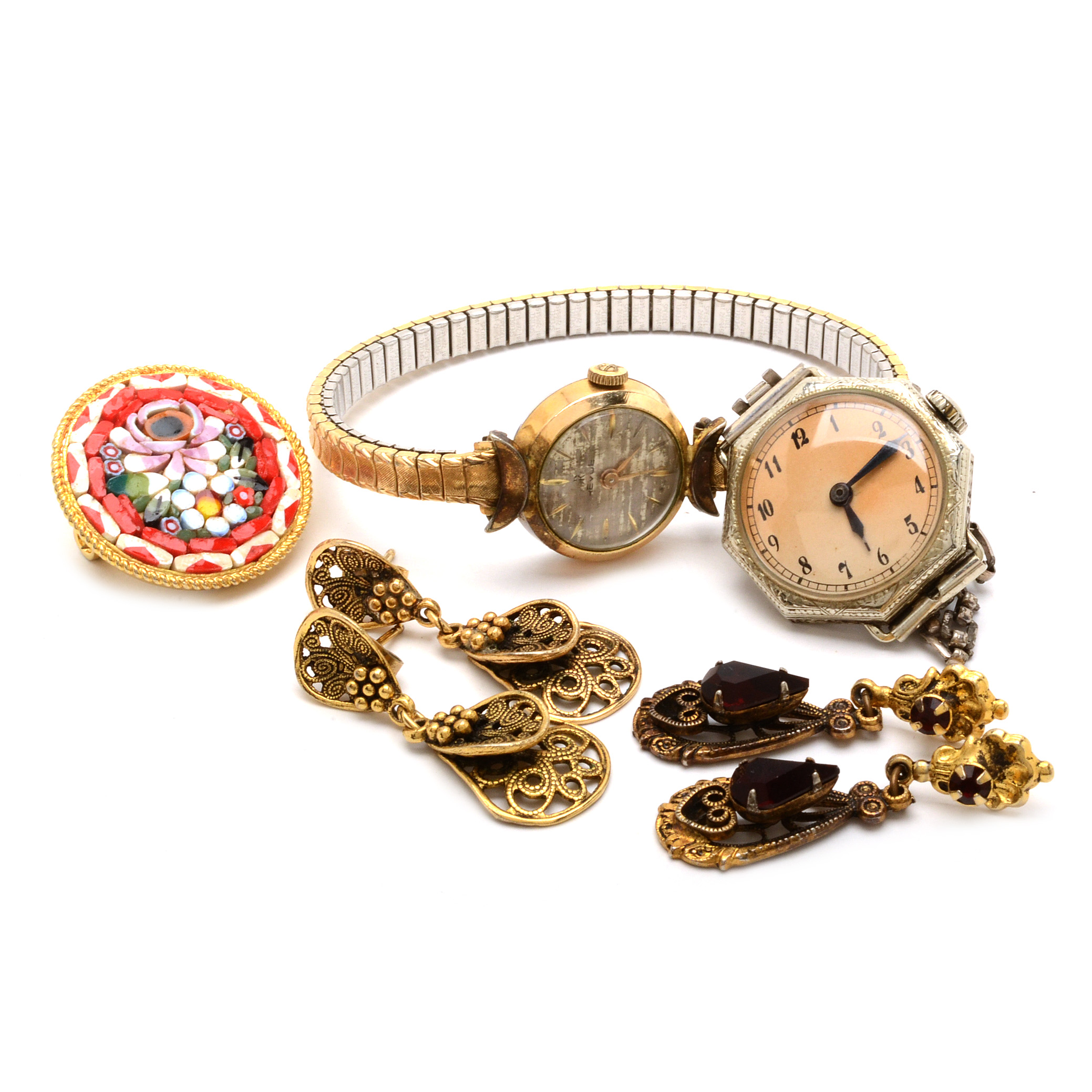 Micro Mosaic Brooch, Cannetille Earrings and Vintage Watches