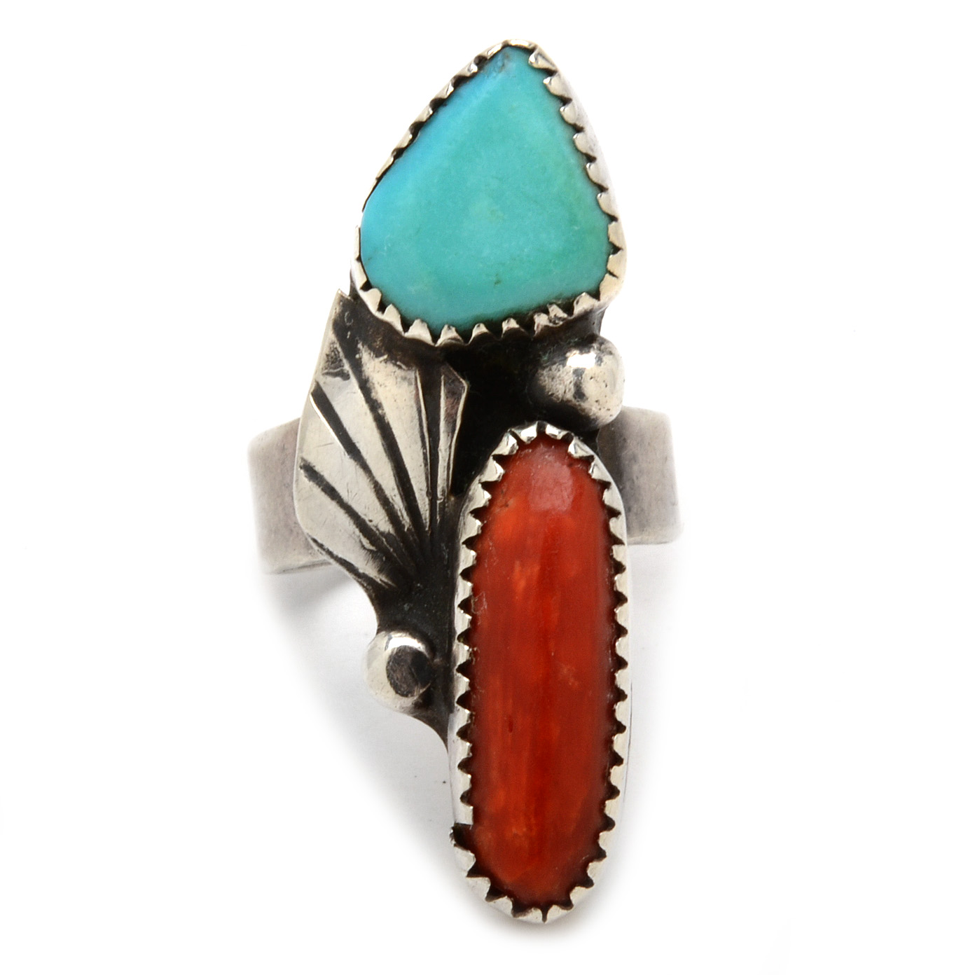 Sterling Silver Turquoise and Coral Ring