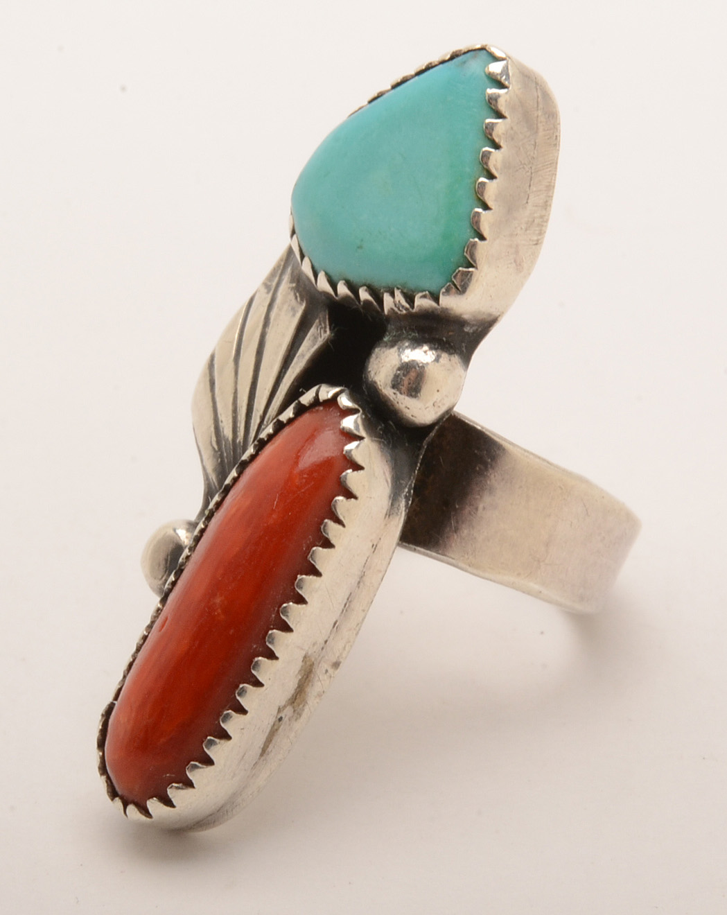 Sterling Silver Turquoise and Coral Ring