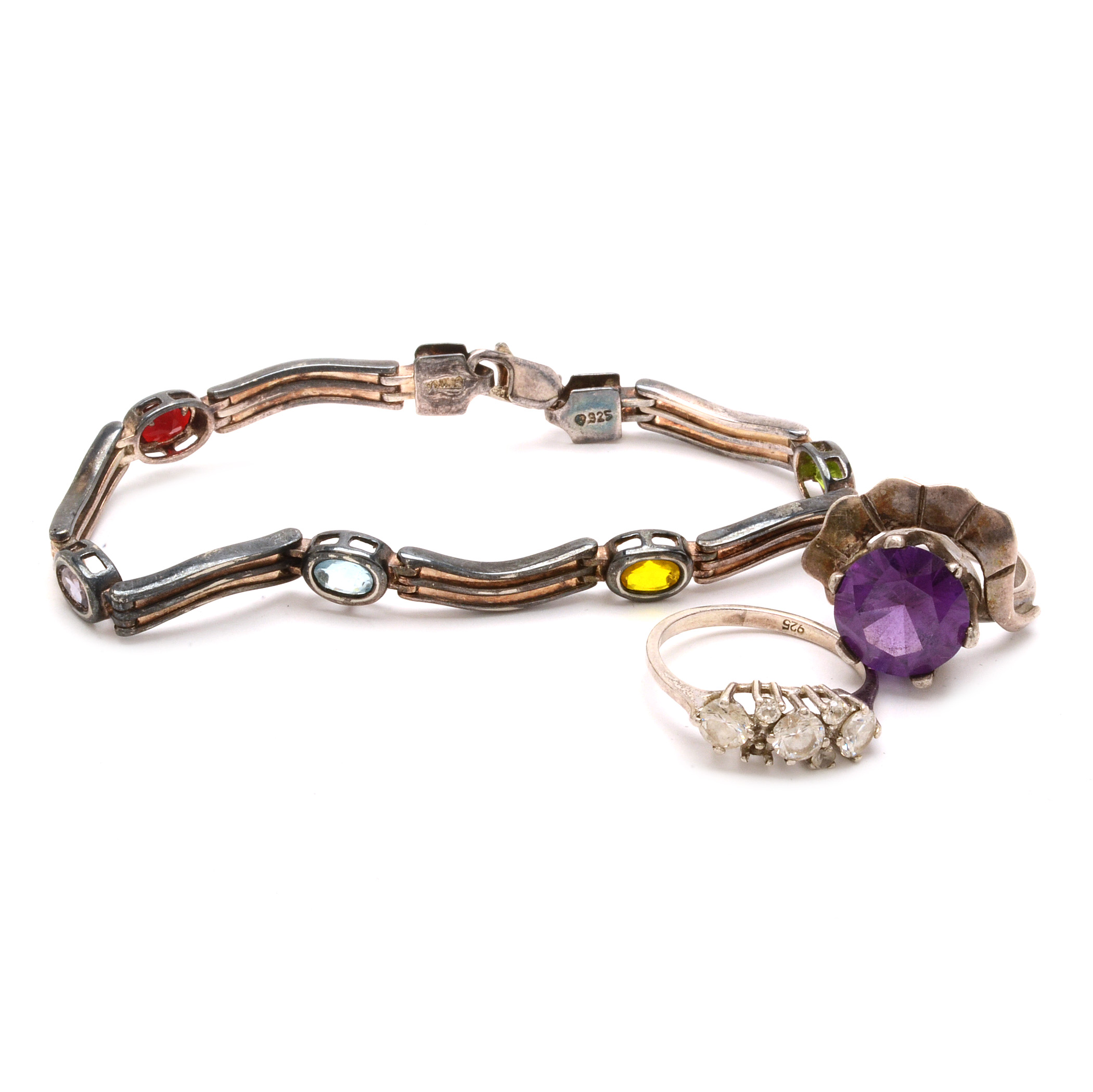 Sterling Silver Bracelet and Rings With Crystal Enhancements